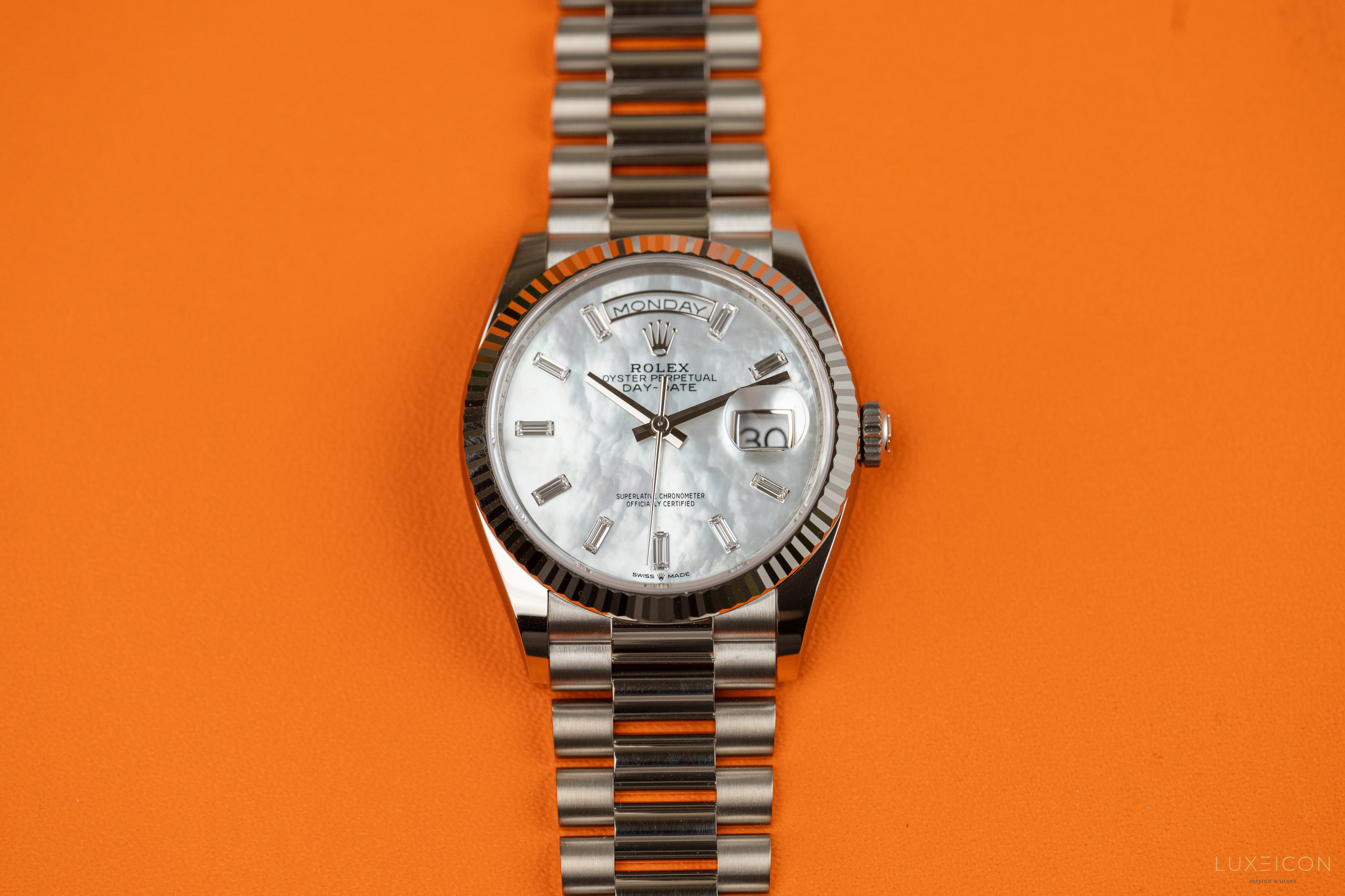 Rolex Day-Date 36mm white gold Mother of Pearl Diamond Baguette Dial 128239