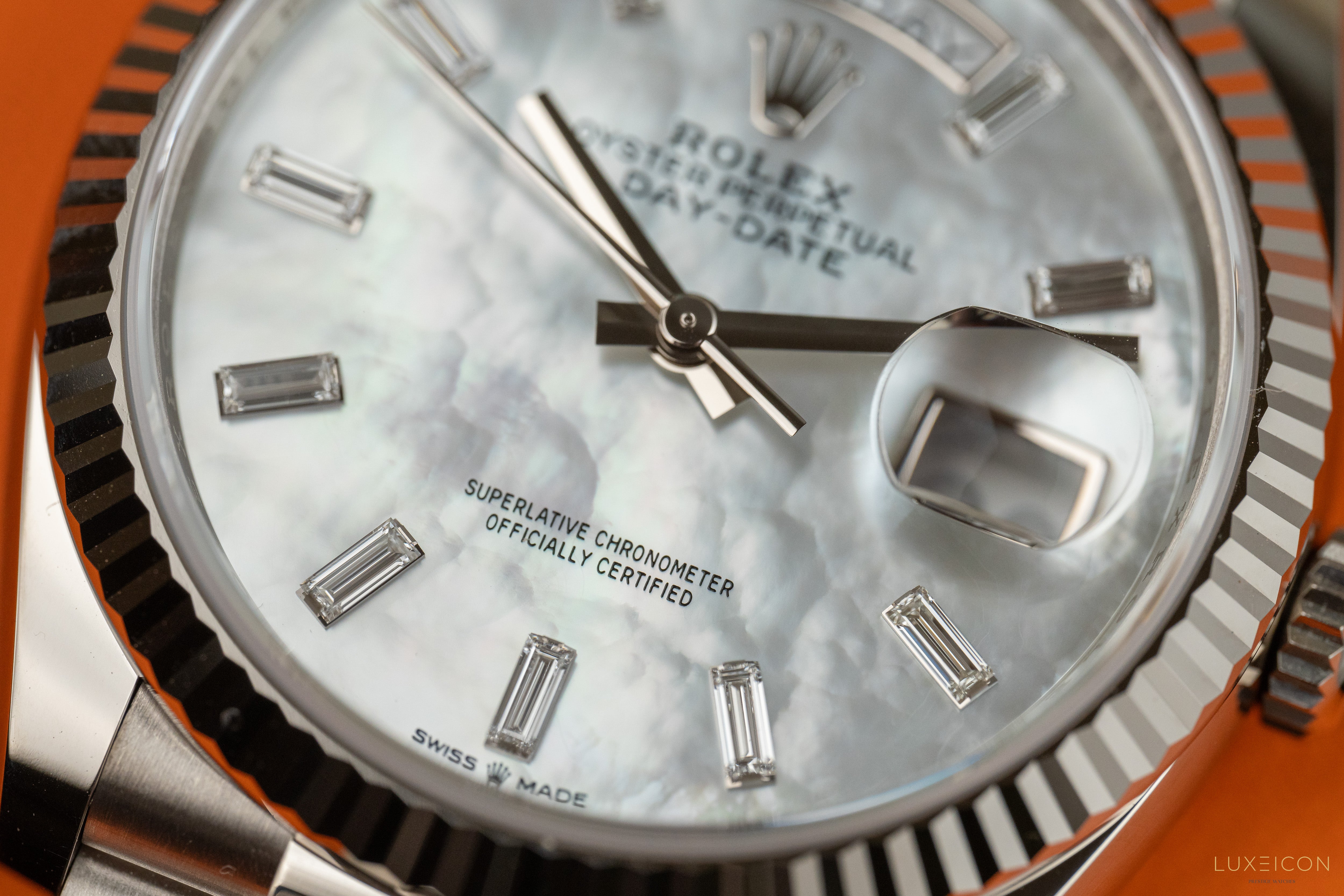Rolex Day-Date 36mm white gold Mother of Pearl Diamond Baguette Dial 128239