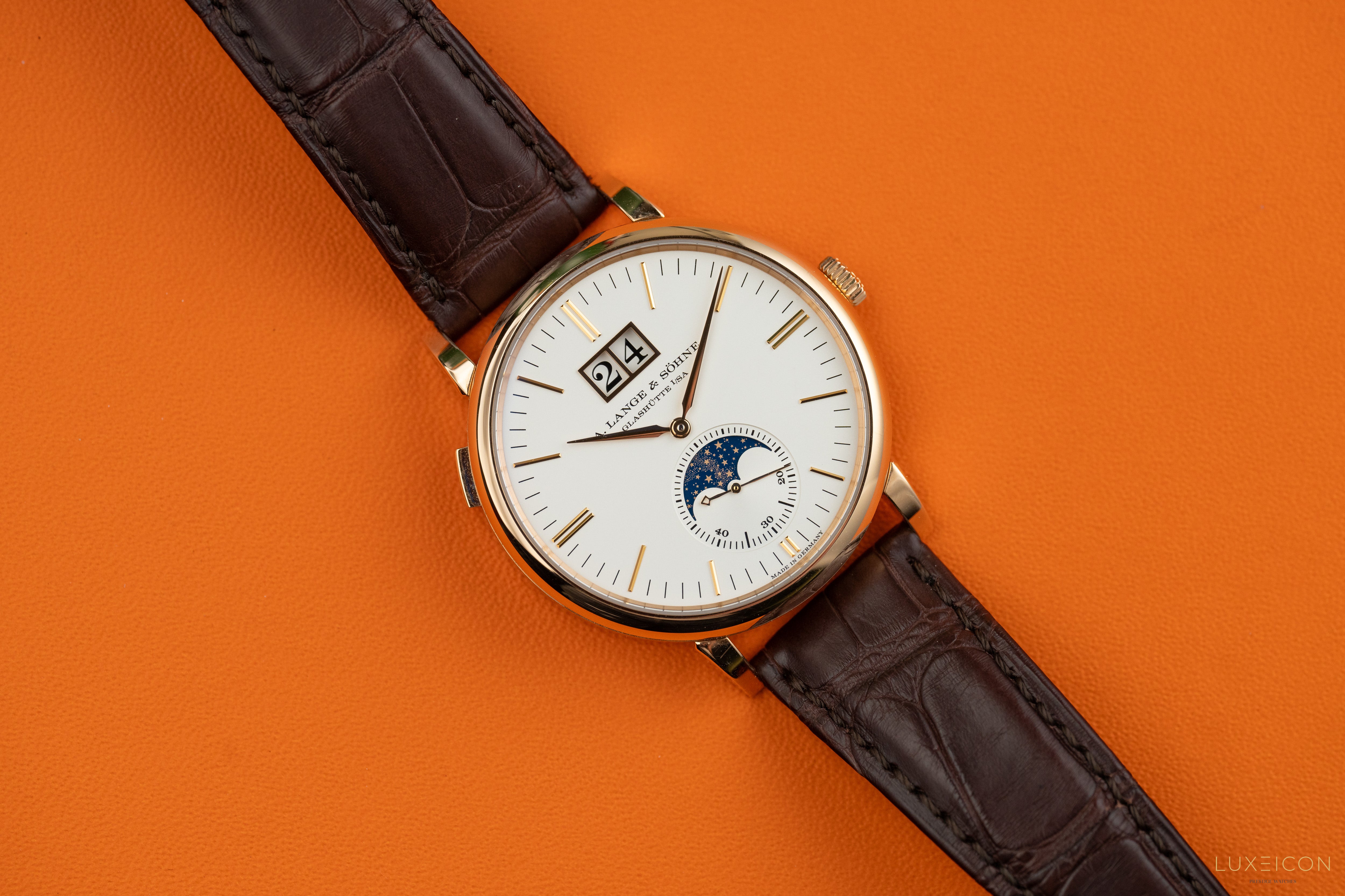 A. Lange & Söhne Saxonia Moonphase Rose Gold Silver Dial Mens Watch 384.032 2022