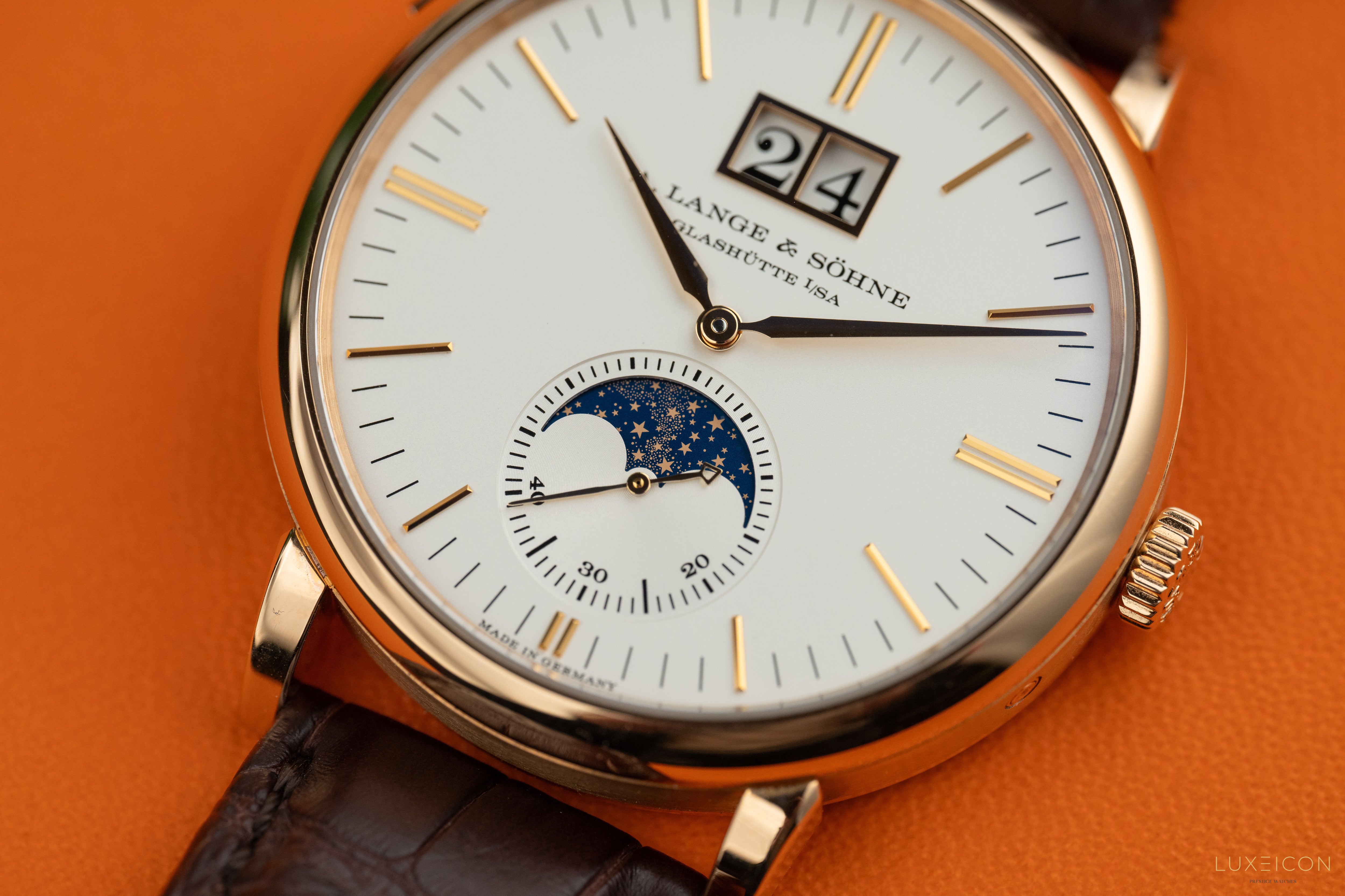 A. Lange & Söhne Saxonia Moonphase Rose Gold Silver Dial Mens Watch 384.032 2022