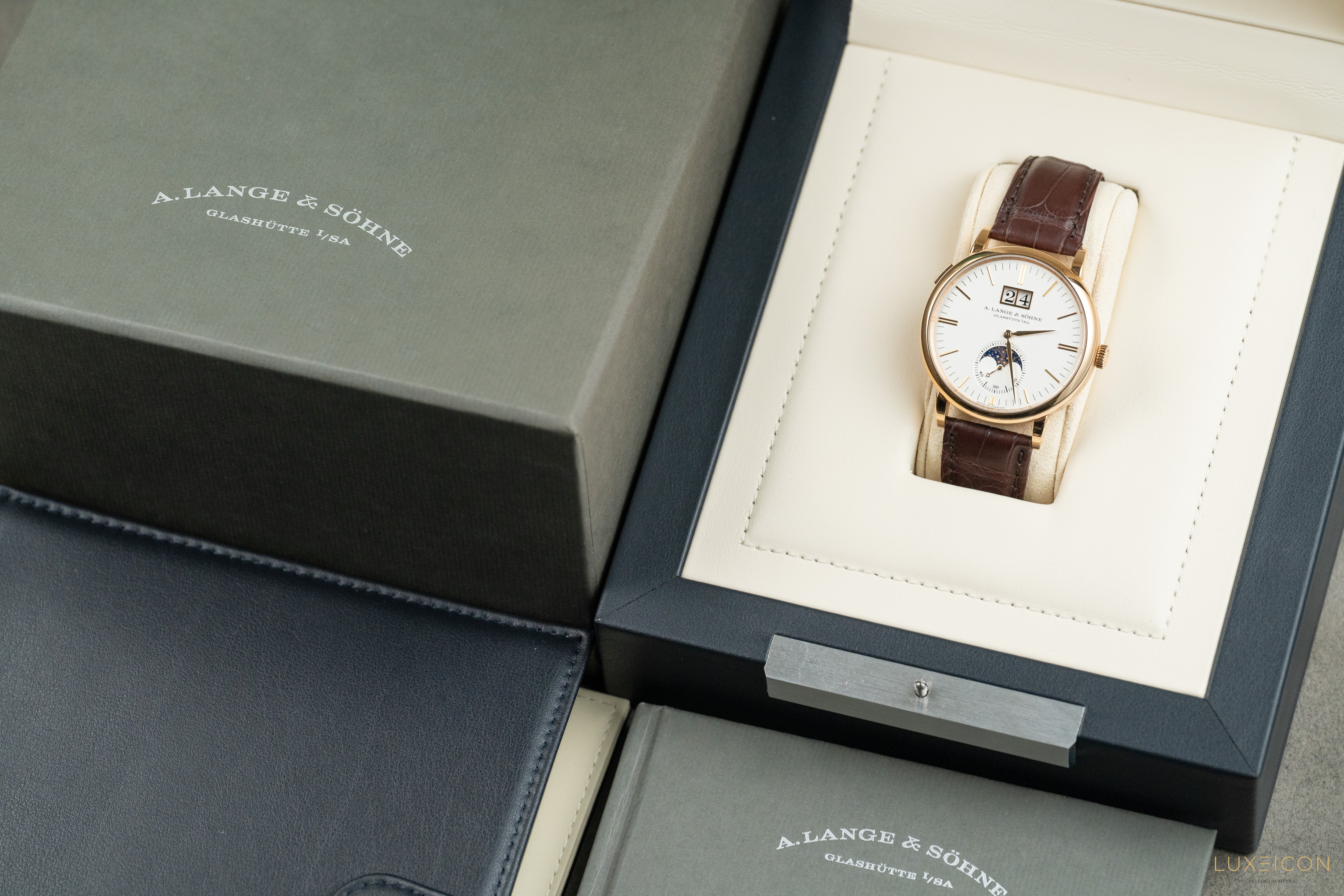A. Lange & Söhne Saxonia Moonphase Rose Gold Silver Dial Mens Watch 384.032 2022