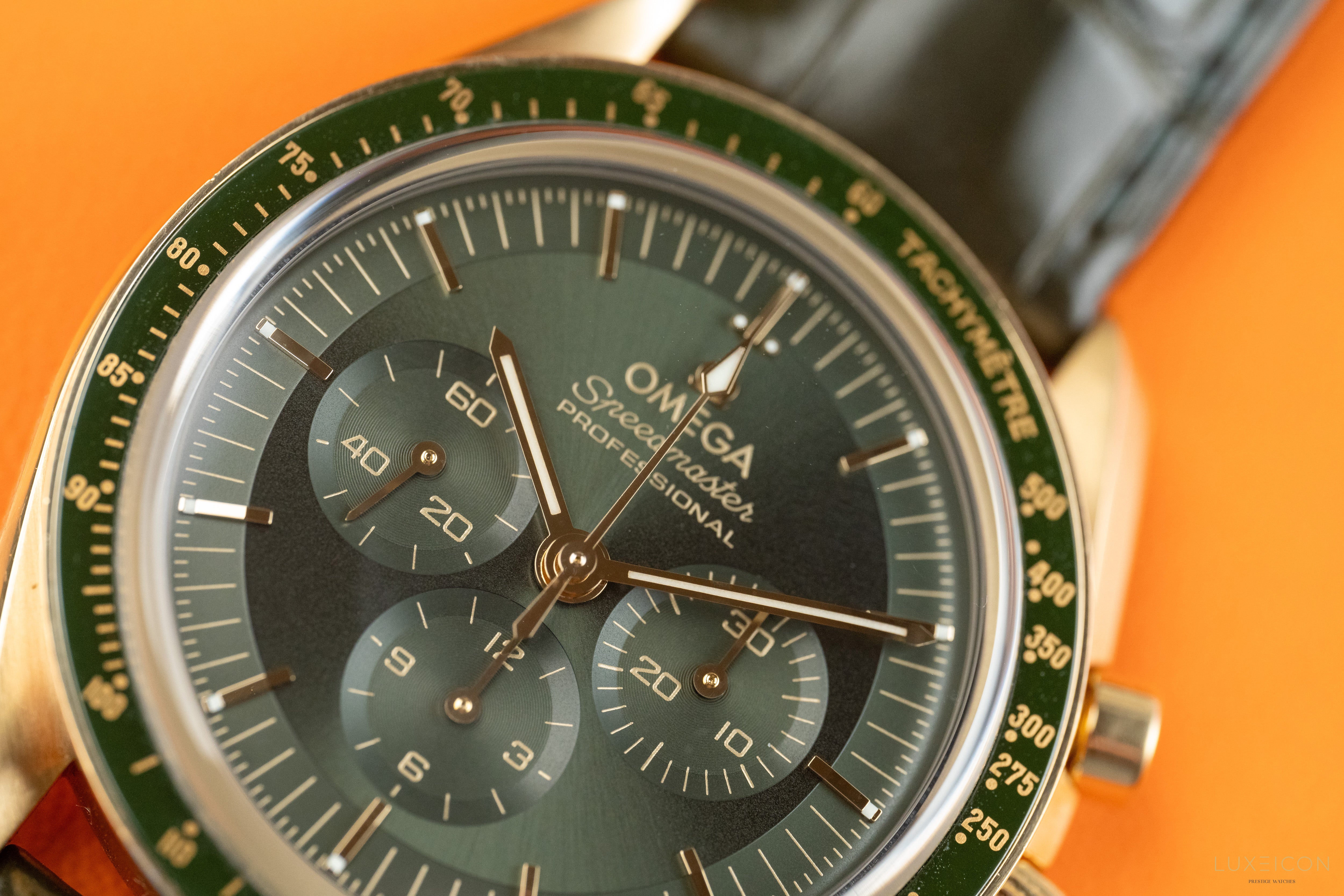 Omega Speedmaster Professional Moonwatch “Moonshine” Green dial 18k Yellow Gold