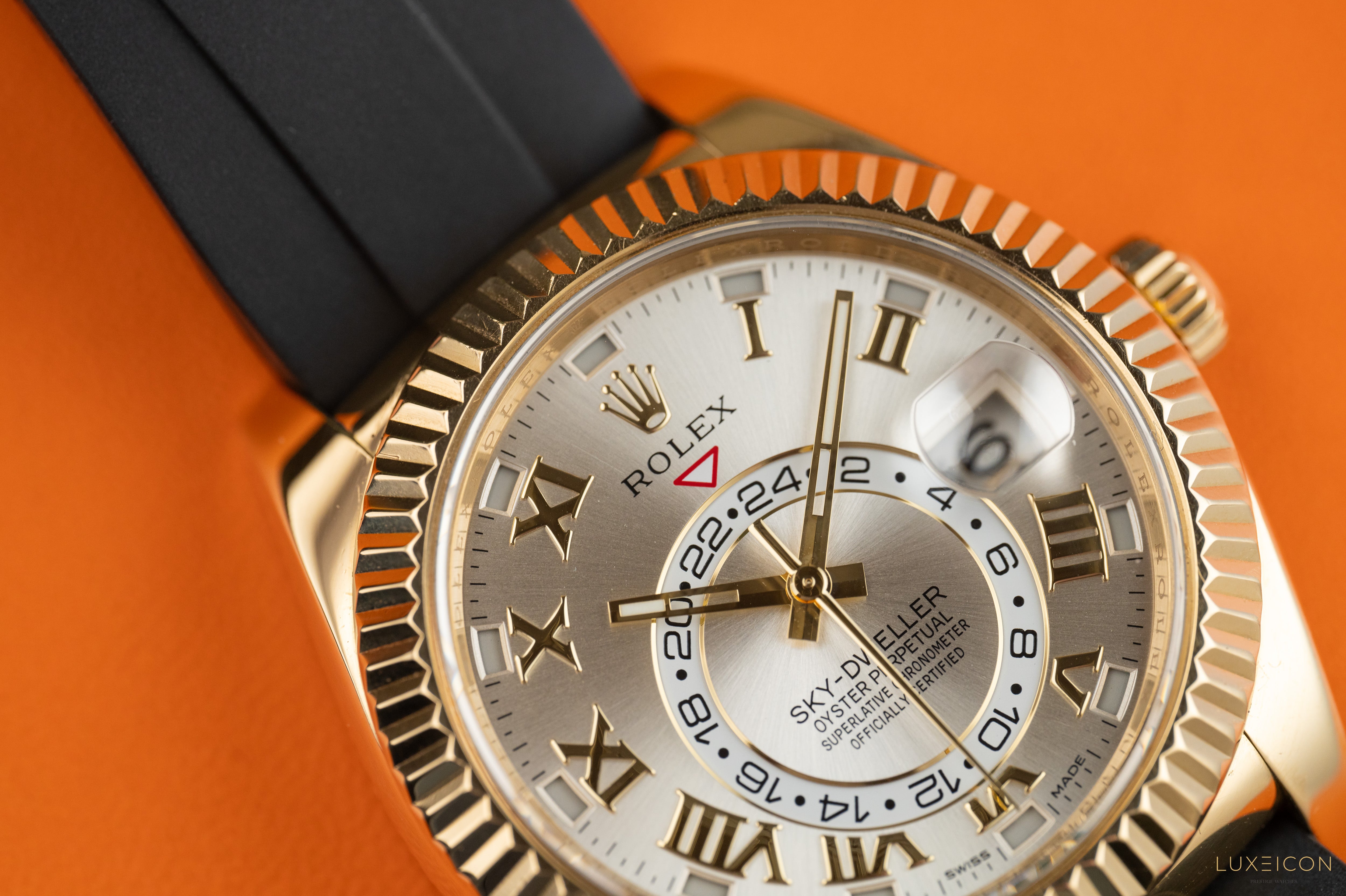 Rolex Sky-Dweller 326138 Yellow Gold Champagne Dial Brown Alligator Leather Strap