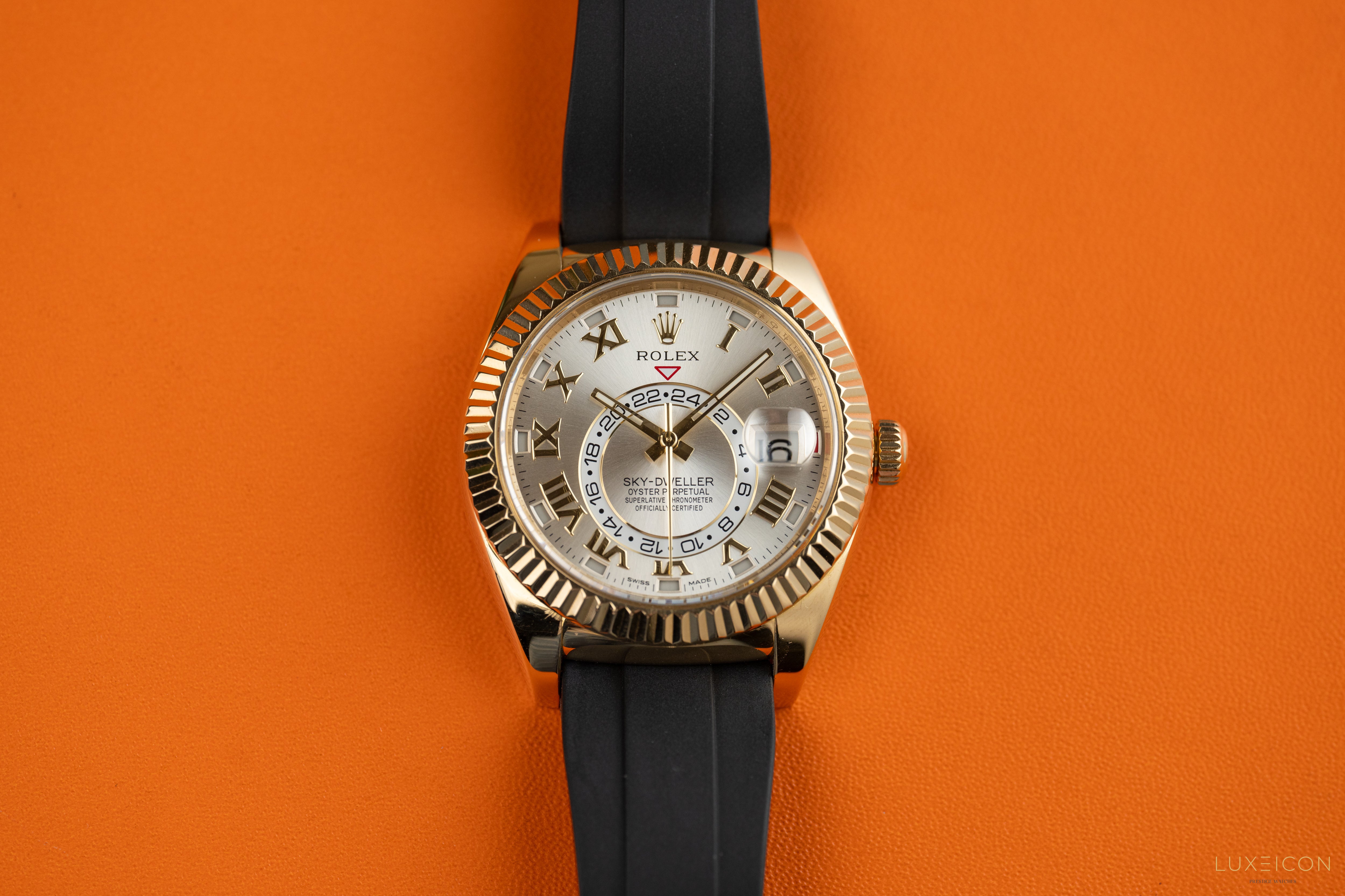 Rolex Sky-Dweller 326138 Yellow Gold Champagne Dial Brown Alligator Leather Strap