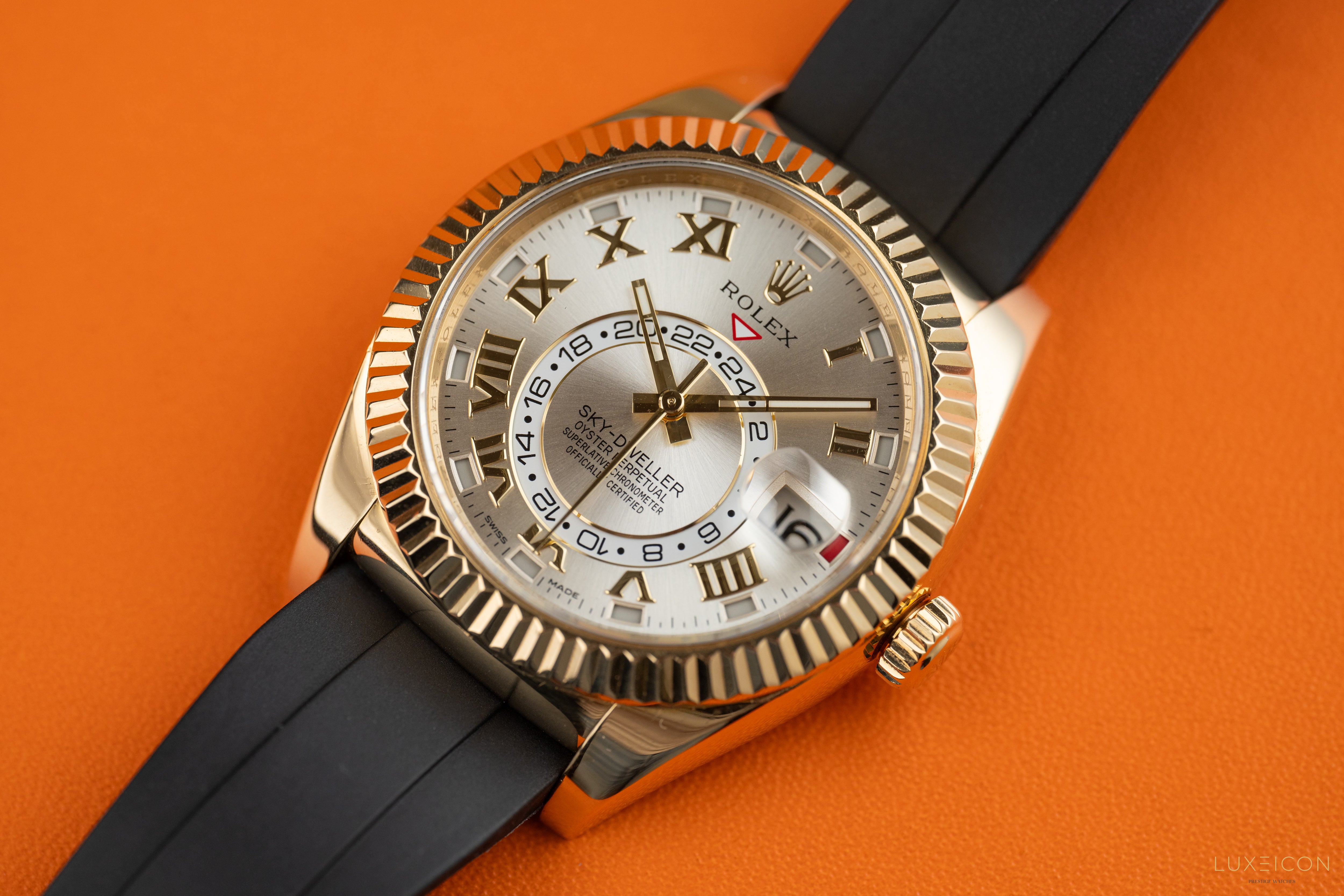 Rolex Sky-Dweller 326138 Yellow Gold Champagne Dial Brown Alligator Leather Strap