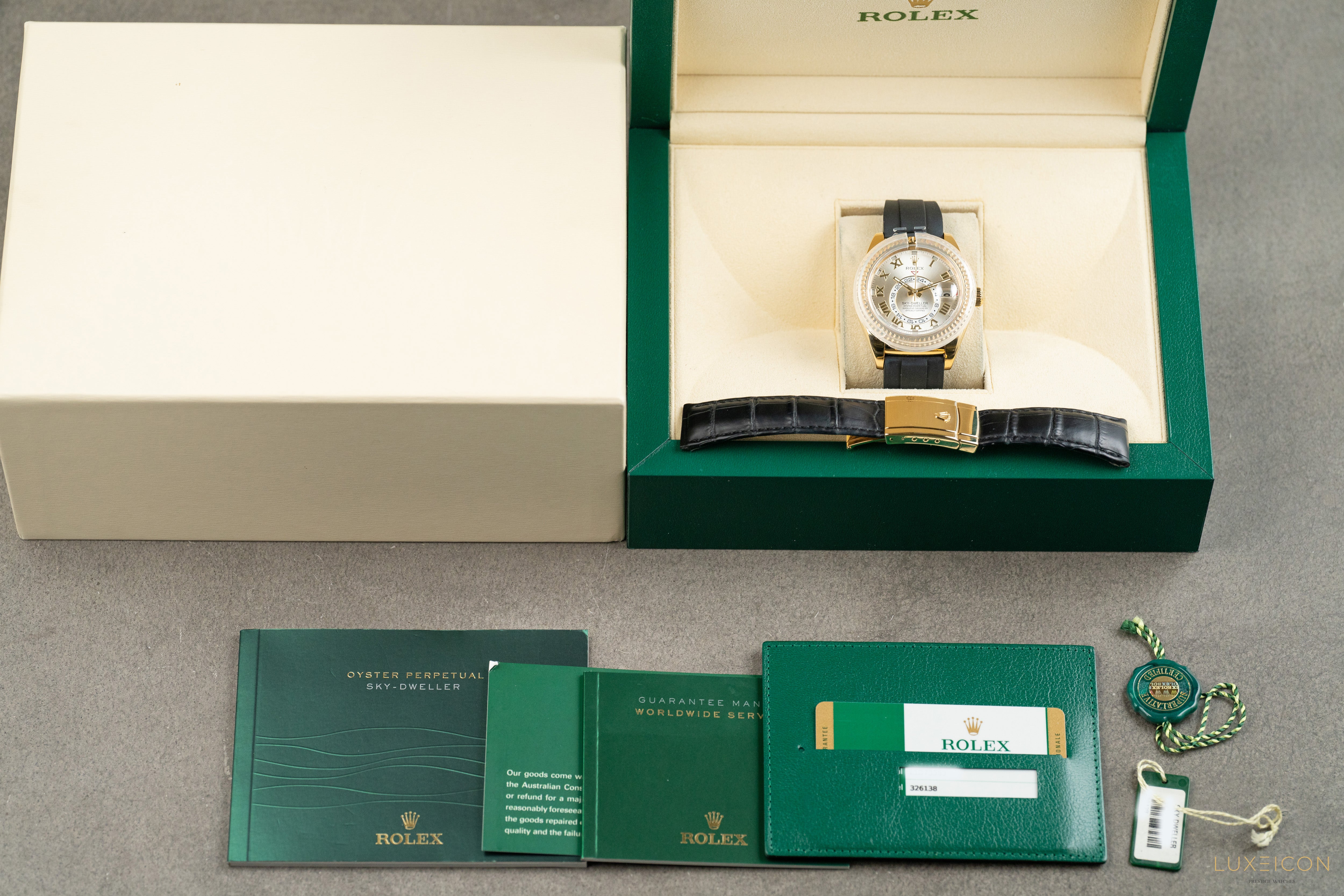 Rolex Sky-Dweller 326138 Yellow Gold Champagne Dial Brown Alligator Leather Strap