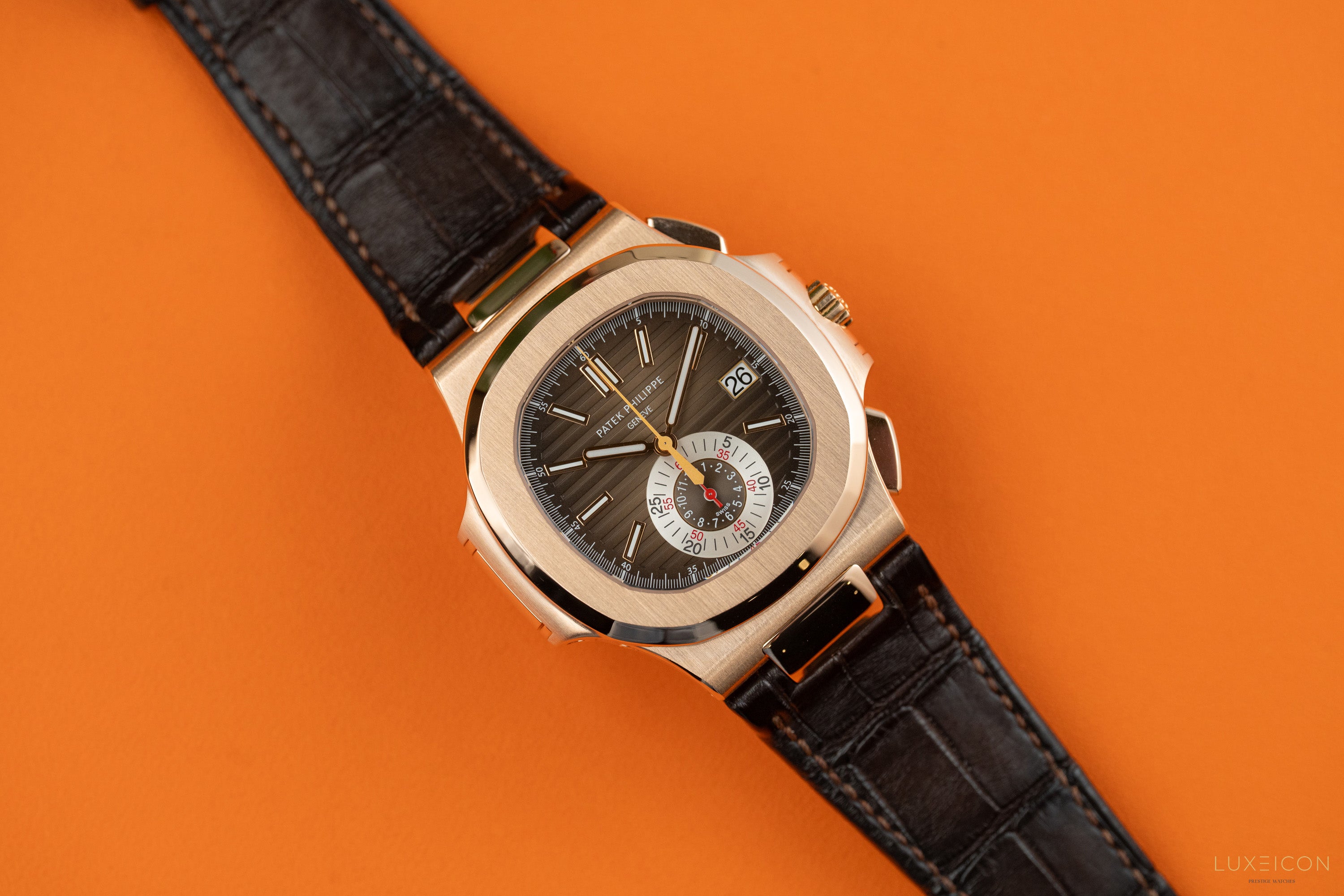 Patek Philippe Nautilus 5980R-001 Chronograph Date Rose Gold Brown Dial