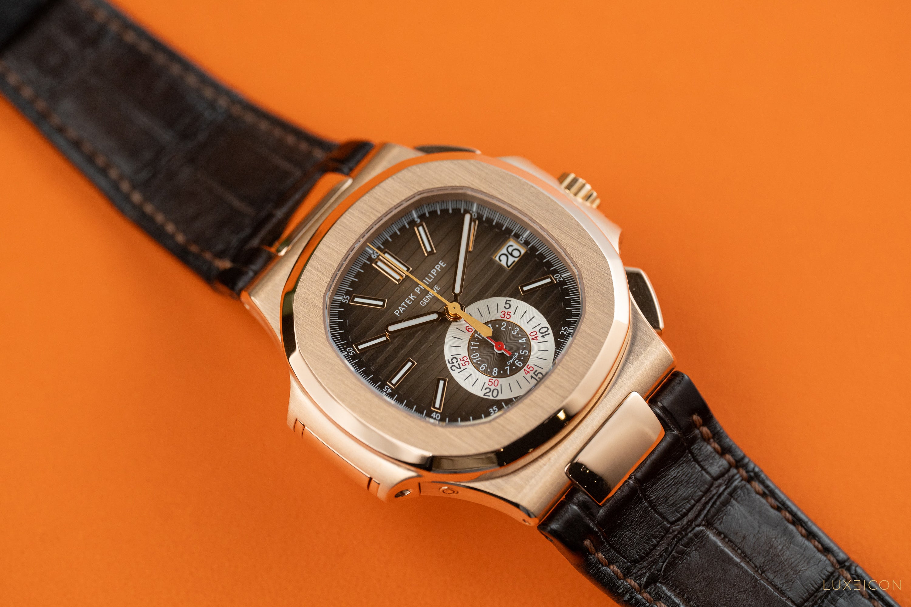 Patek Philippe Nautilus 5980R-001 Chronograph Date Rose Gold Brown Dial