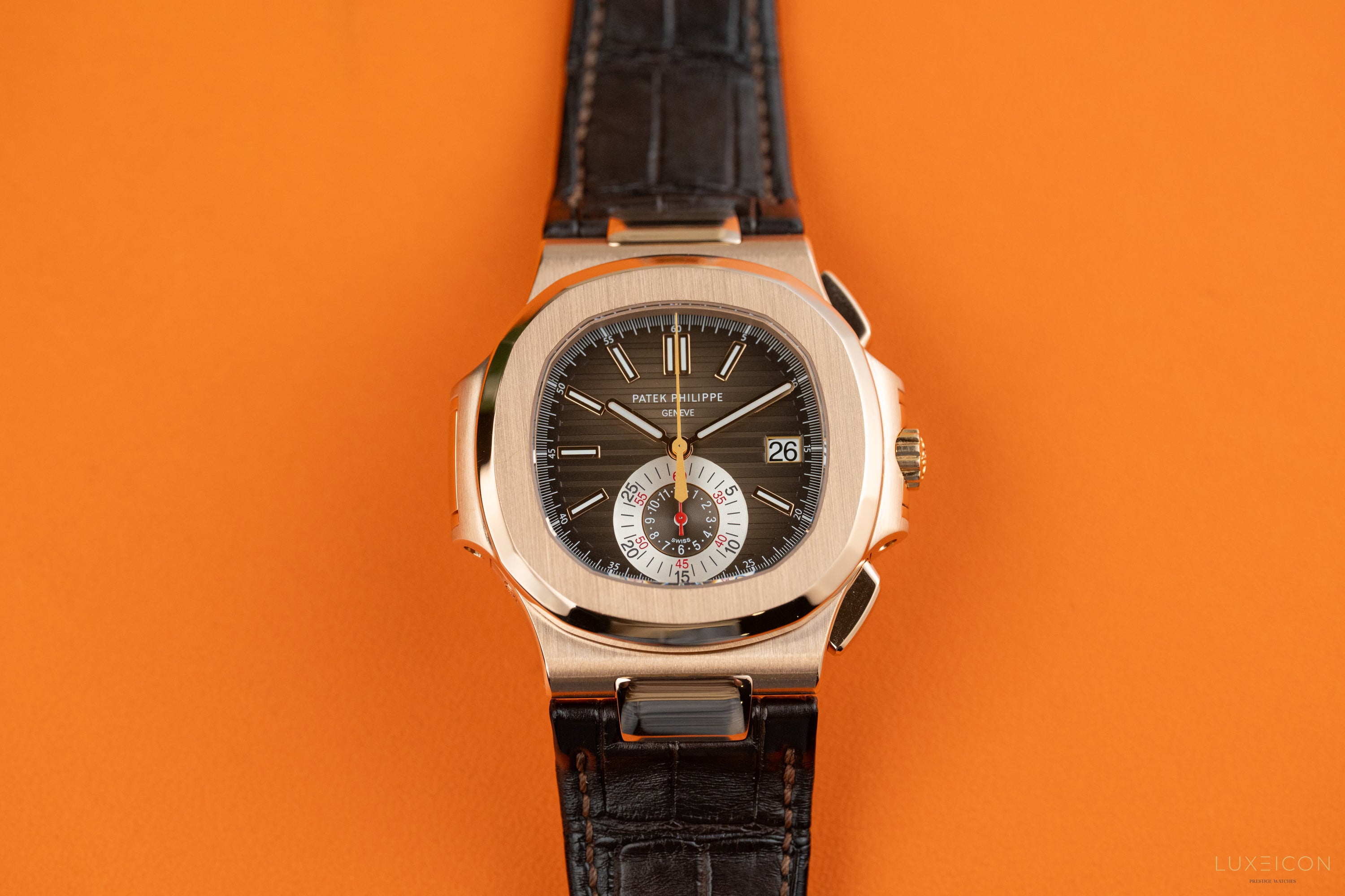 Patek Philippe Nautilus 5980R-001 Chronograph Date Rose Gold Brown Dial