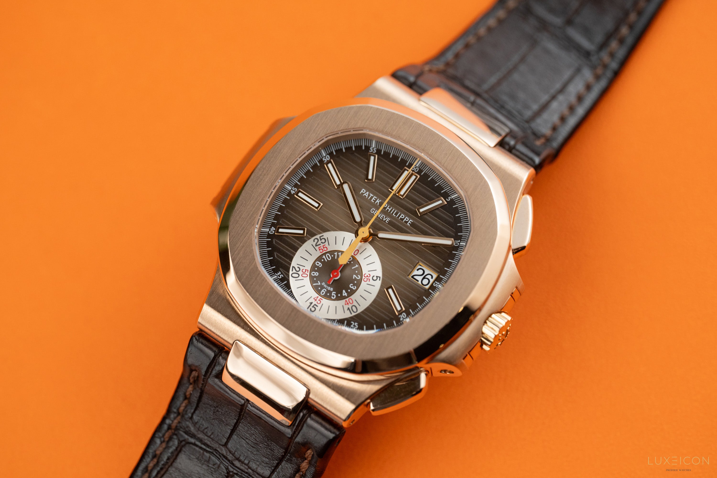 Patek Philippe Nautilus 5980R-001 Chronograph Date Rose Gold Brown Dial