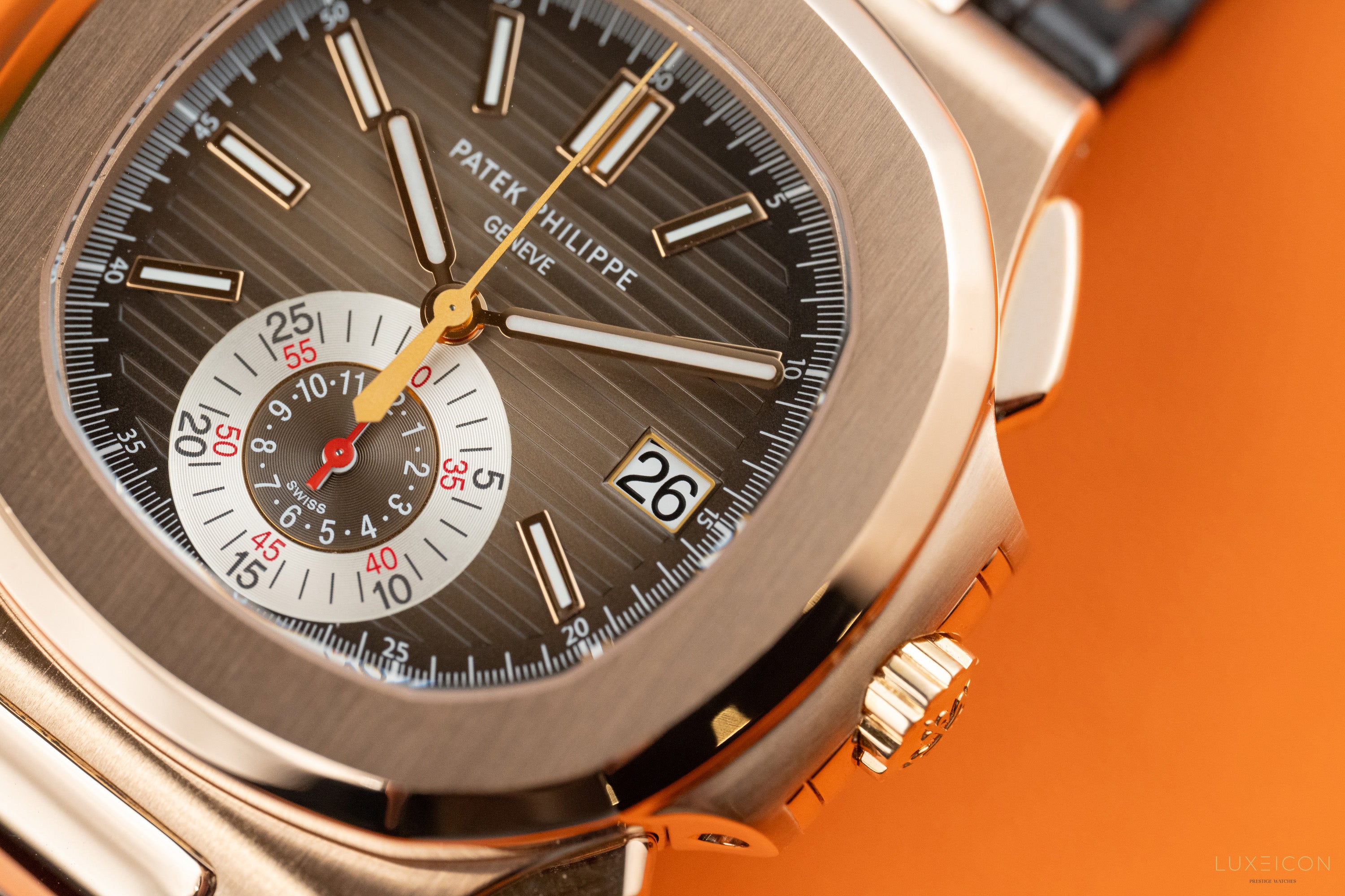 Patek Philippe Nautilus 5980R-001 Chronograph Date Rose Gold Brown Dial