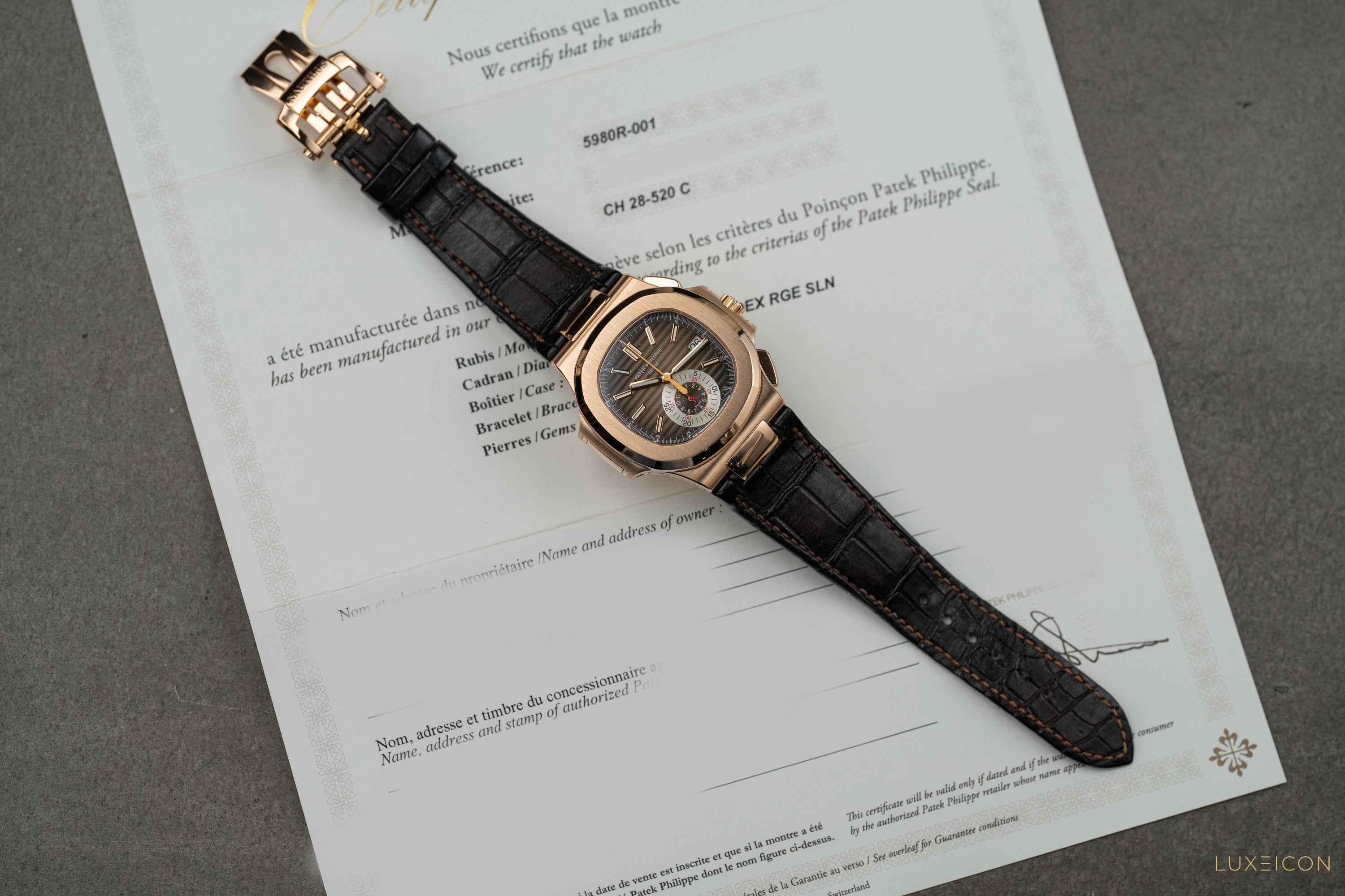 Patek Philippe Nautilus 5980R-001 Chronograph Date Rose Gold Brown Dial