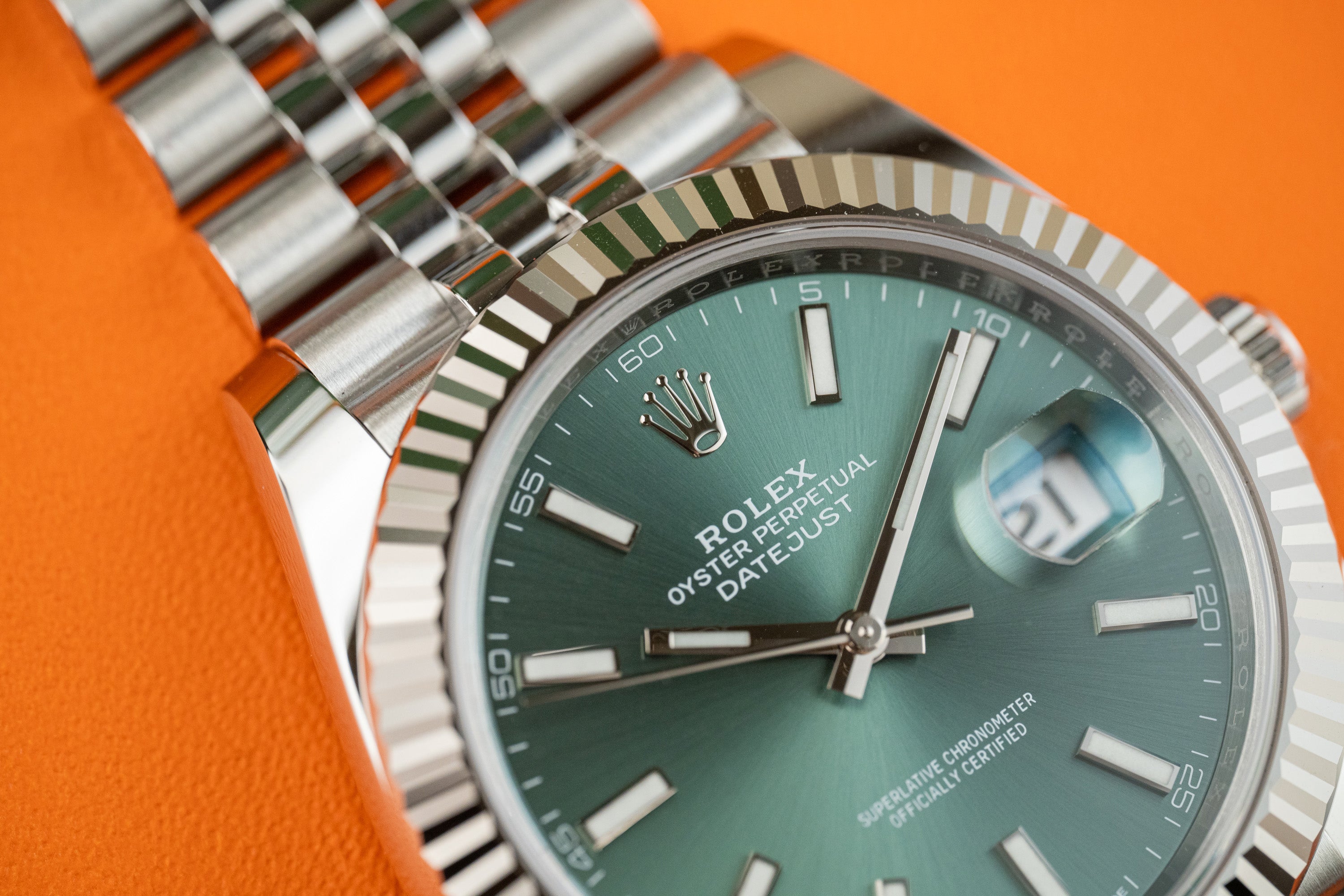 Rolex Datejust 41 Stainless Steel Fluted Bezel Jubilee Bracelet Mint Green Stick 126334