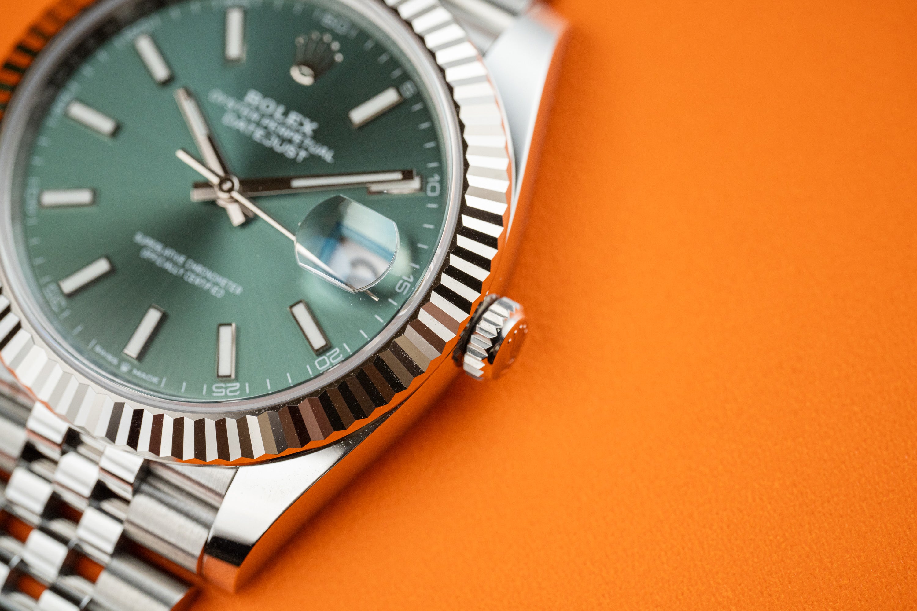 Rolex Datejust 41 Stainless Steel Fluted Bezel Jubilee Bracelet Mint Green Stick 126334
