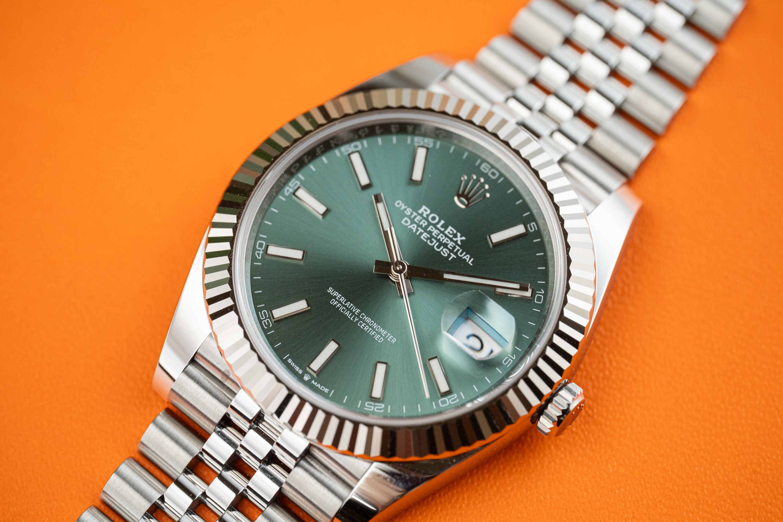 Rolex Datejust 41 Stainless Steel Fluted Bezel Jubilee Bracelet Mint Green Stick 126334
