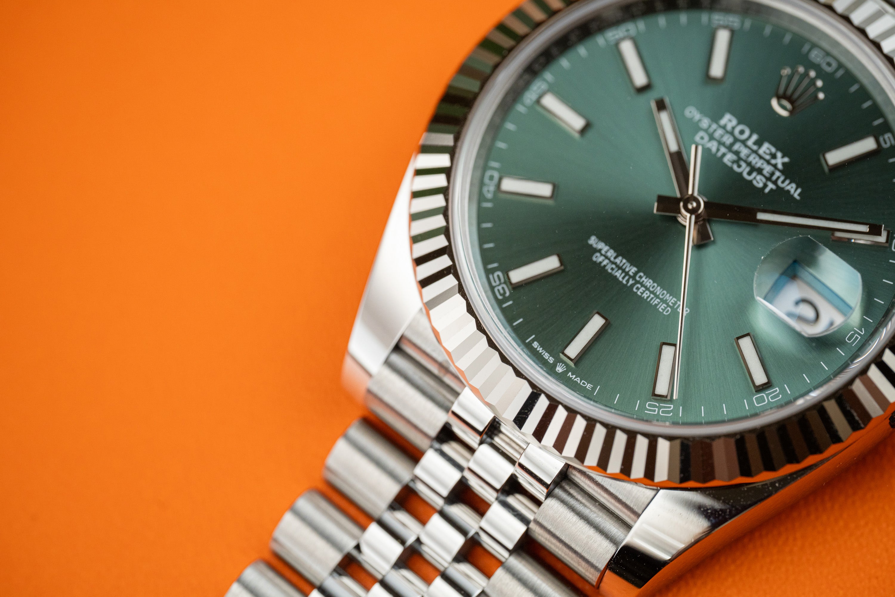 Rolex Datejust 41 Stainless Steel Fluted Bezel Jubilee Bracelet Mint Green Stick 126334