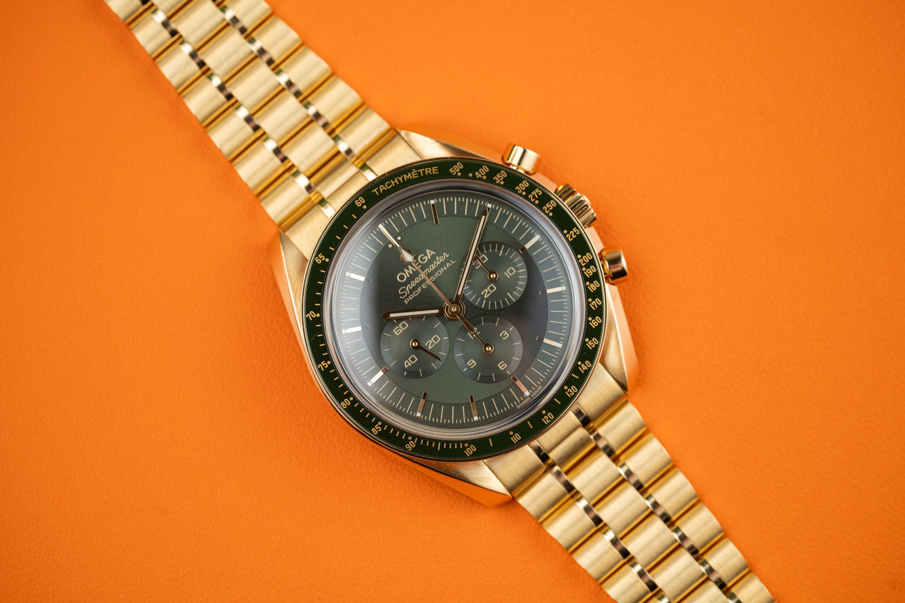 Omega Speedmaster Professional Moonwatch “Moonshine” Green dial 18k Yellow Gold