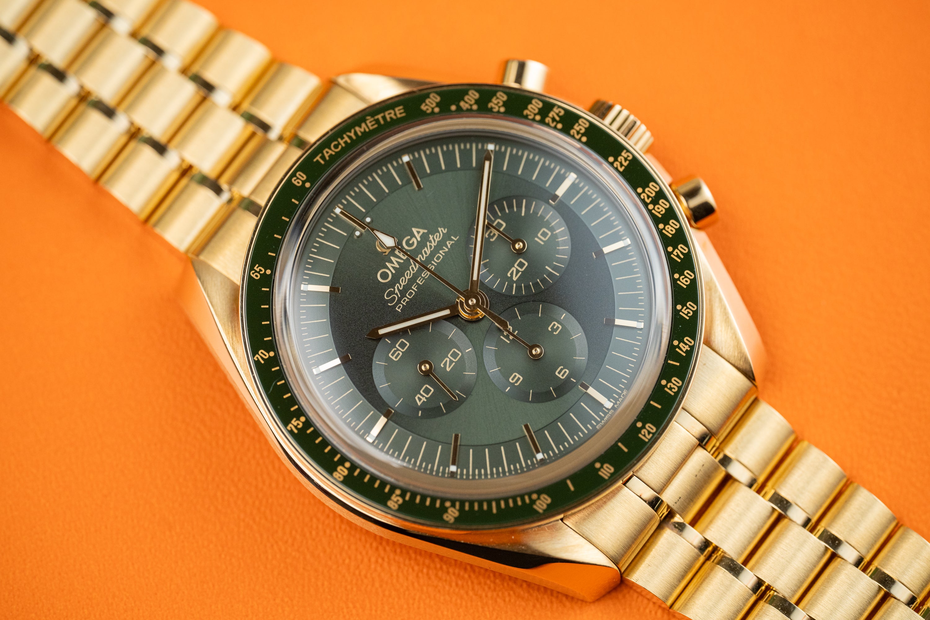 Omega Speedmaster Professional Moonwatch “Moonshine” Green dial 18k Yellow Gold