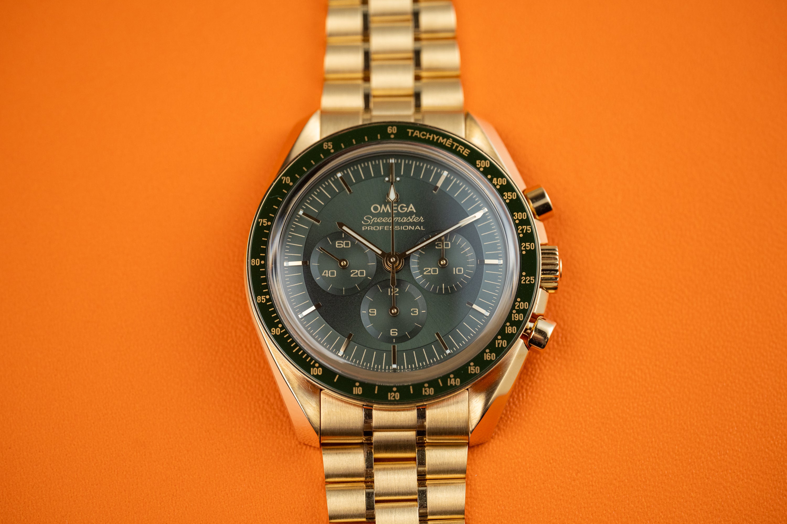 Omega Speedmaster Professional Moonwatch “Moonshine” Green dial 18k Yellow Gold