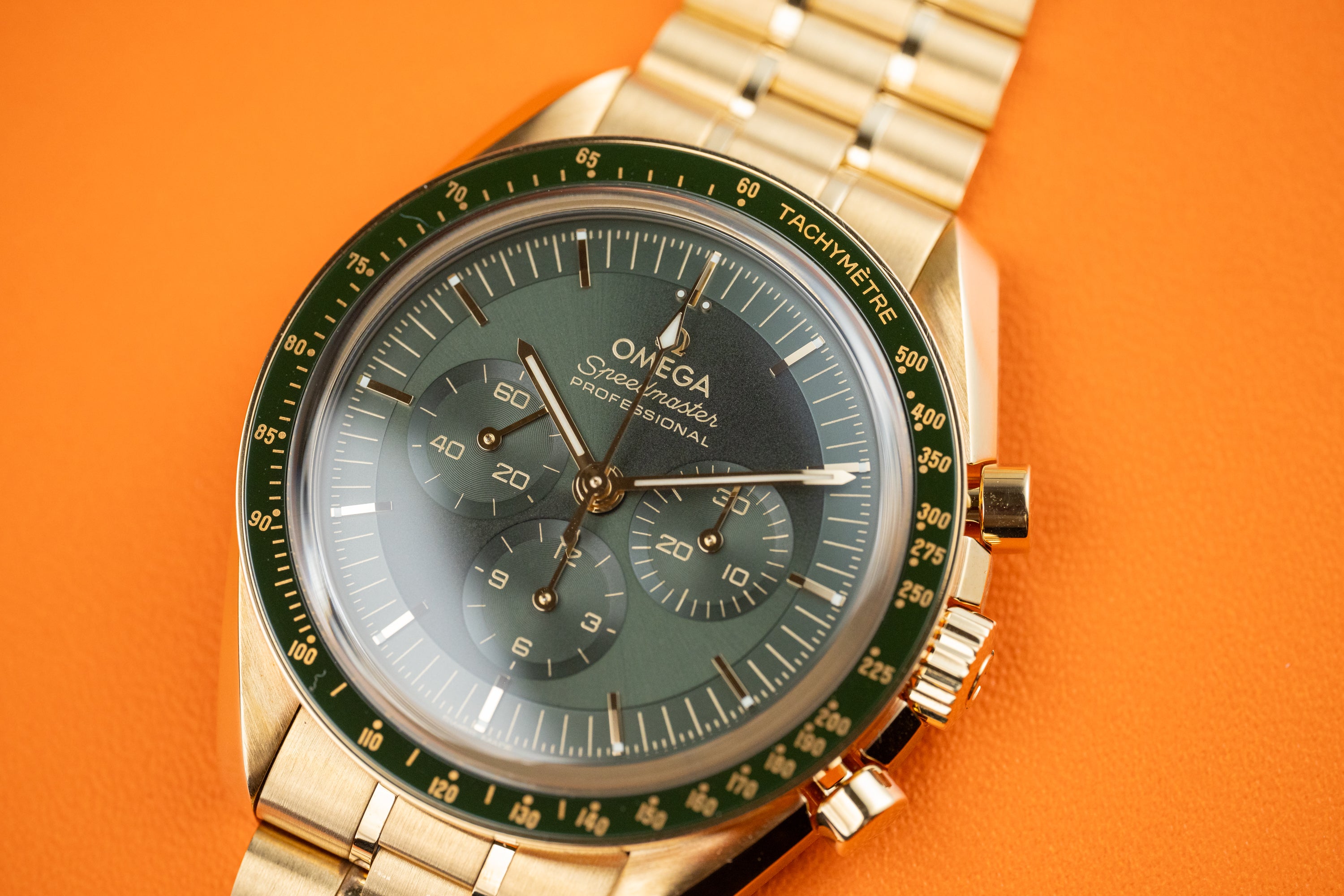 Omega Speedmaster Professional Moonwatch “Moonshine” Green dial 18k Yellow Gold