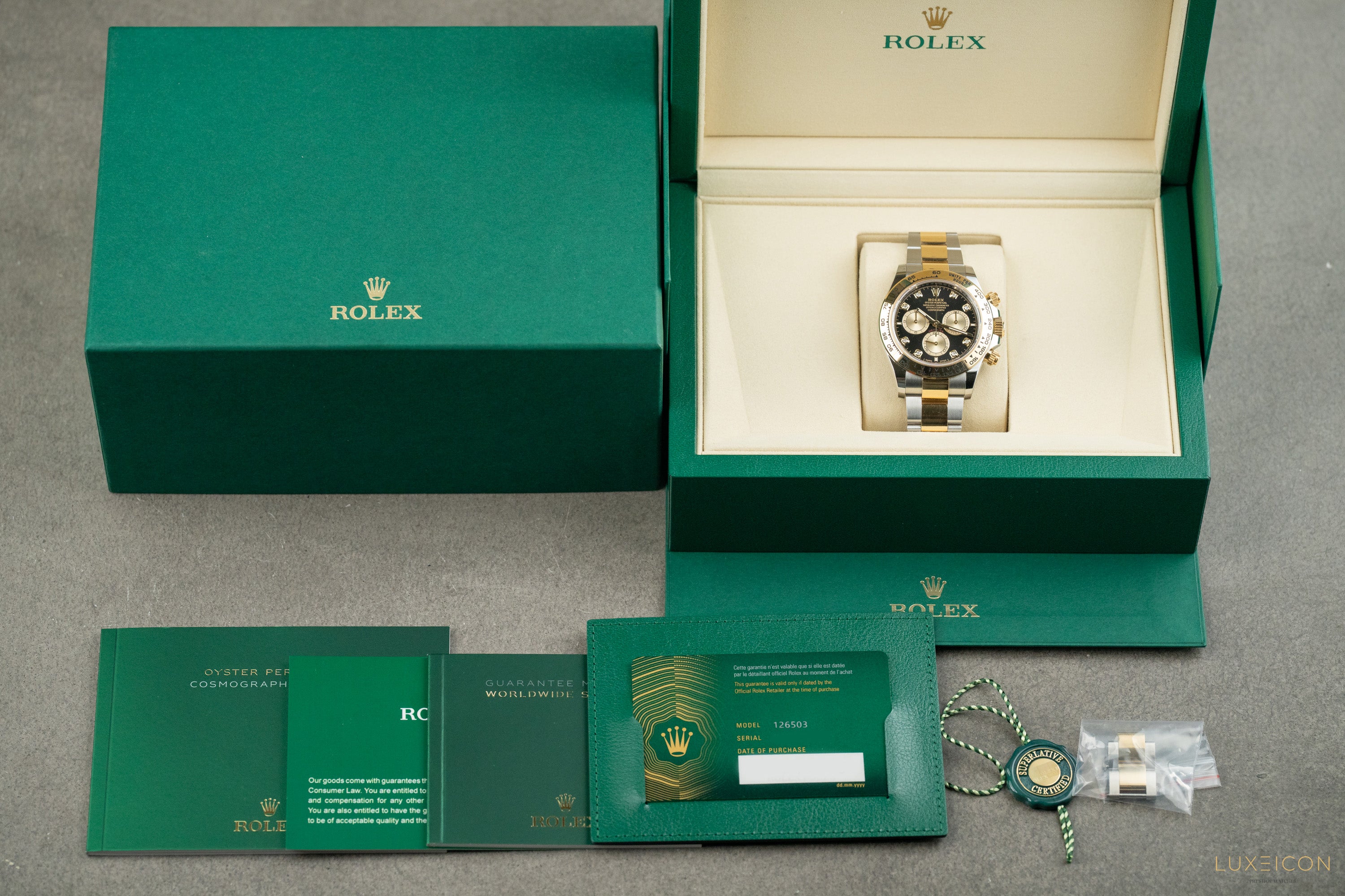 Rolex Cosmograph Daytona 40 Yellow Gold Two Tone Black Diamond Dial 126503 2025