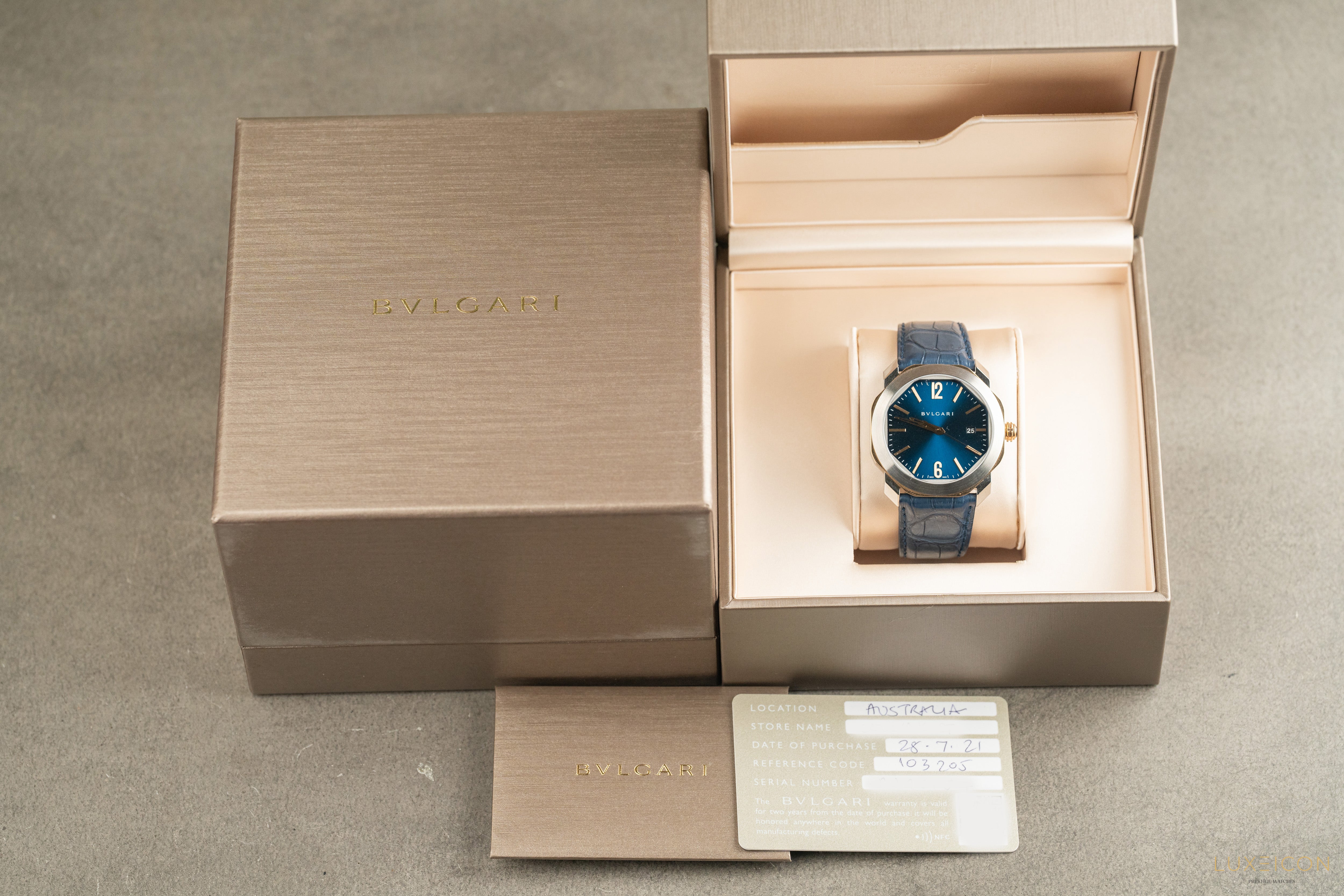 Bulgari Octo Octoma Stainless Steel and Rose Gold Combination Blue Bar Octagon