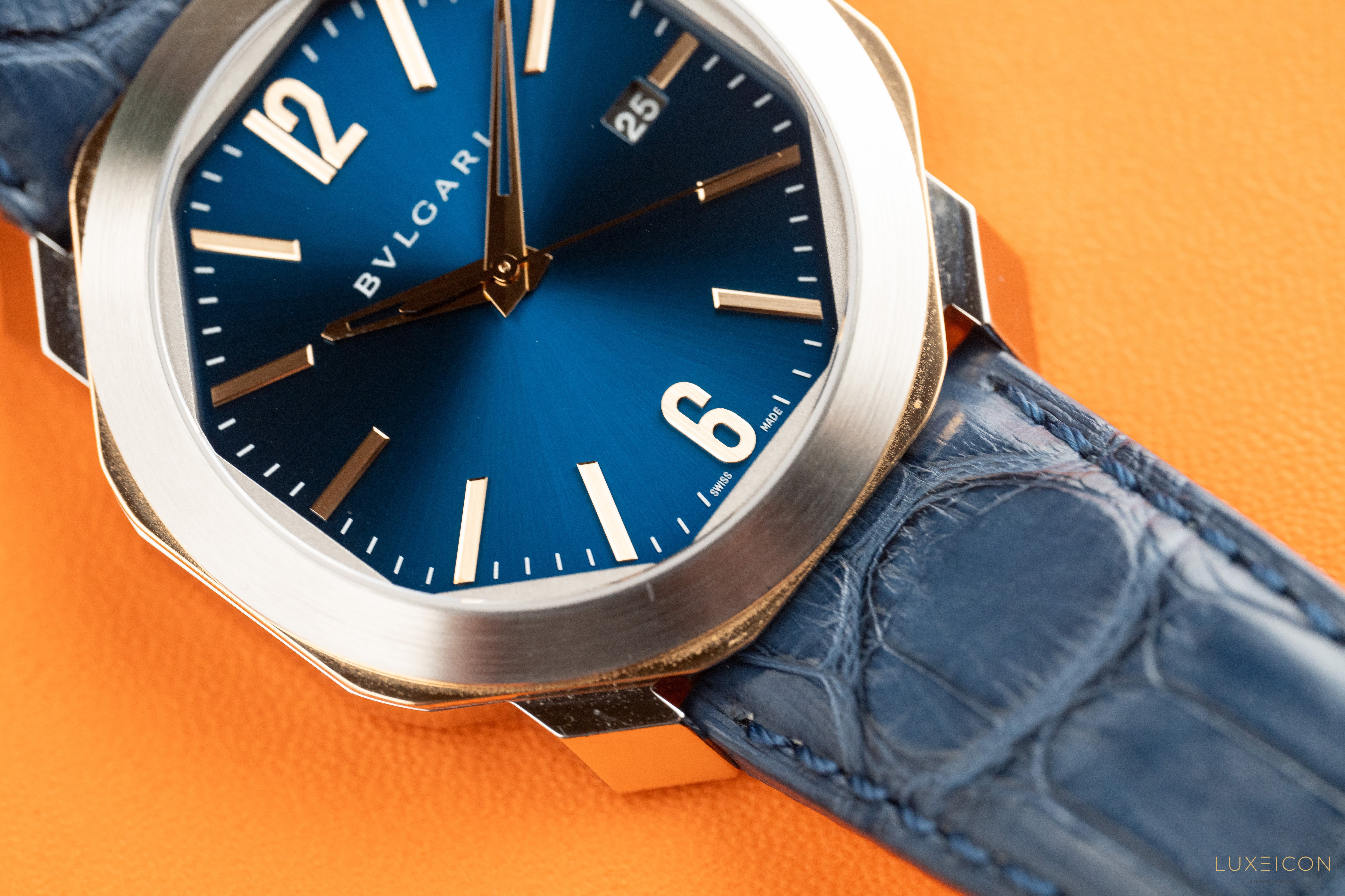 Bulgari Octo Octoma Stainless Steel and Rose Gold Combination Blue Bar Octagon