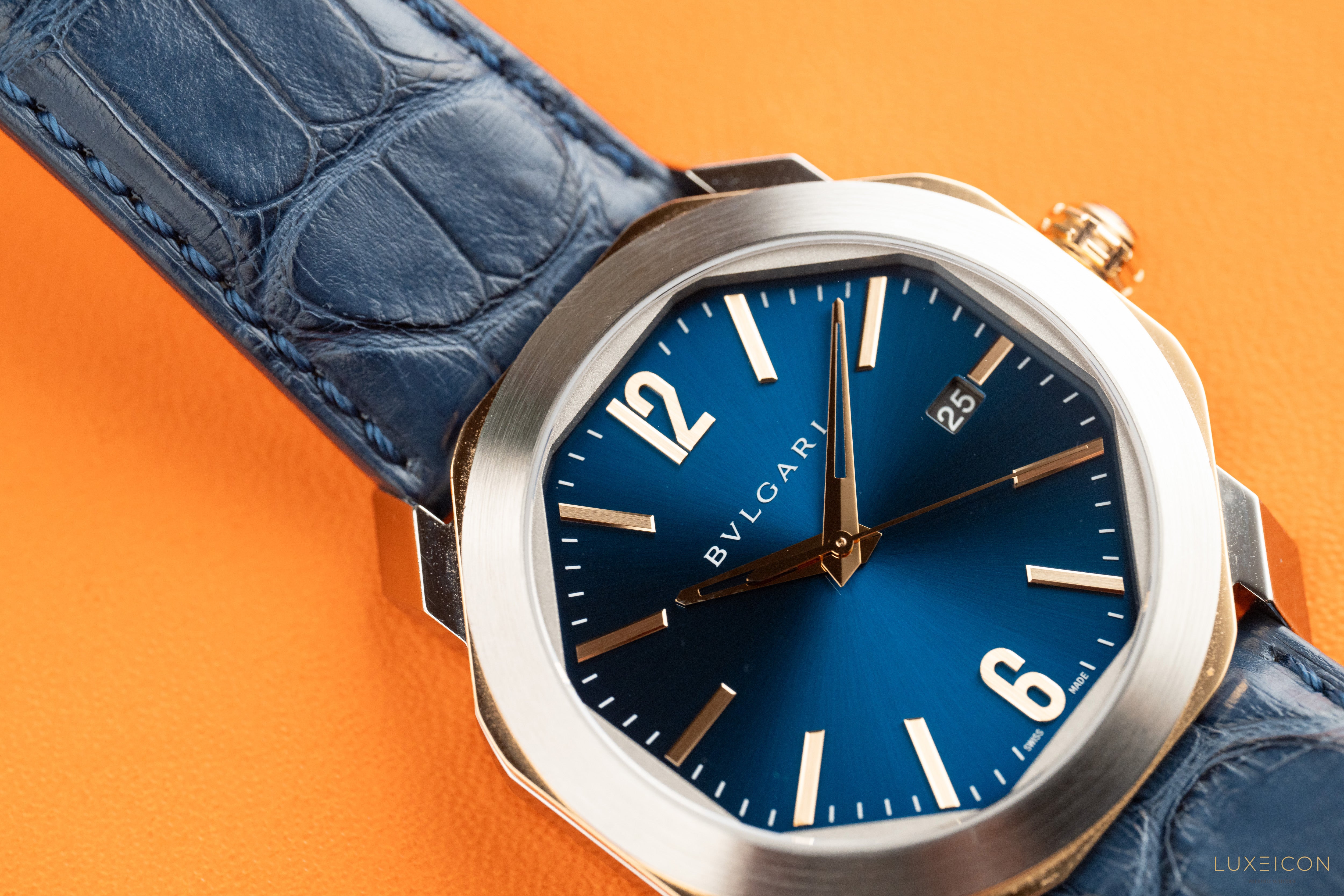 Bulgari Octo Octoma Stainless Steel and Rose Gold Combination Blue Bar Octagon
