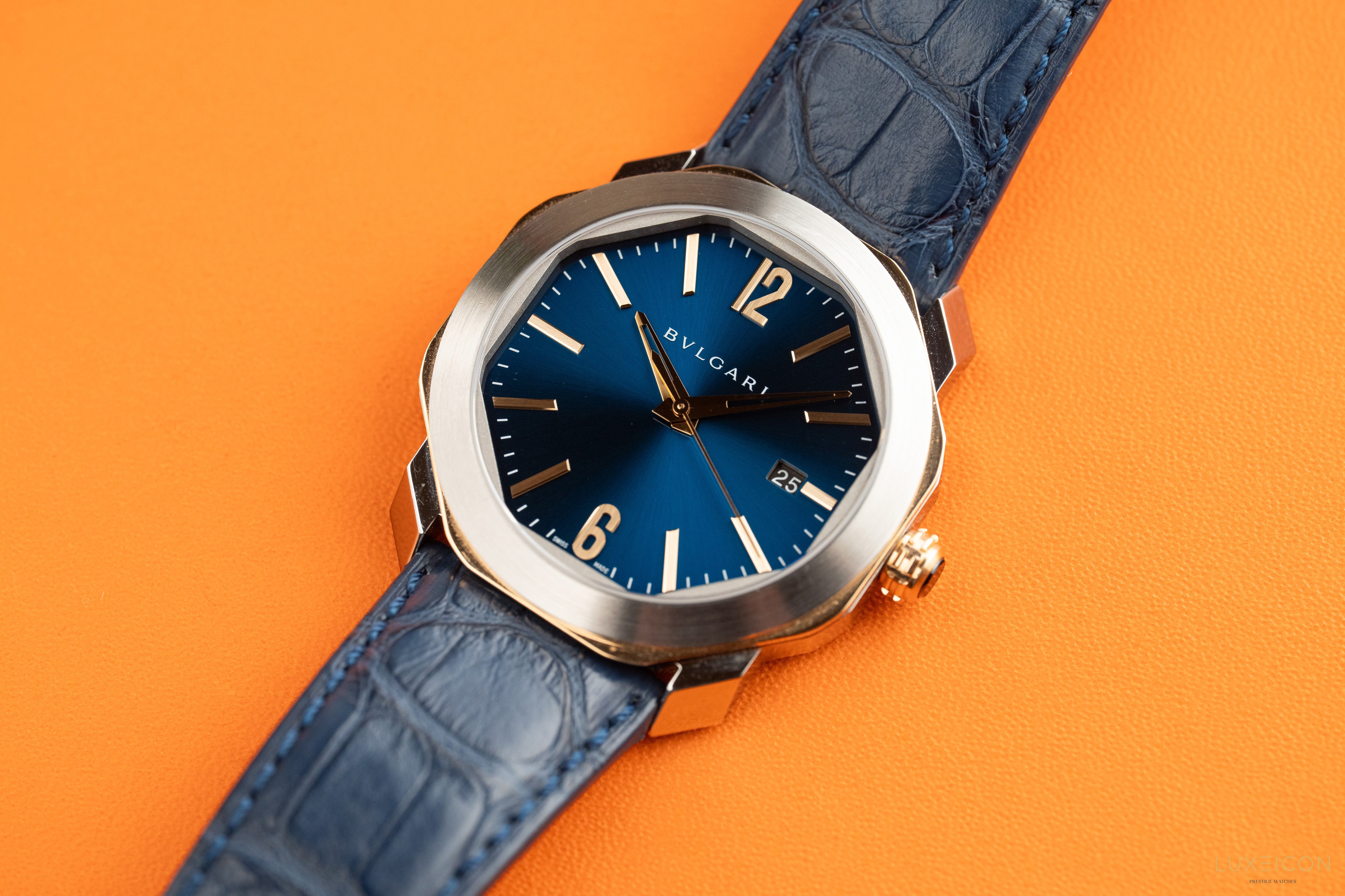 Bulgari Octo Octoma Stainless Steel and Rose Gold Combination Blue Bar Octagon