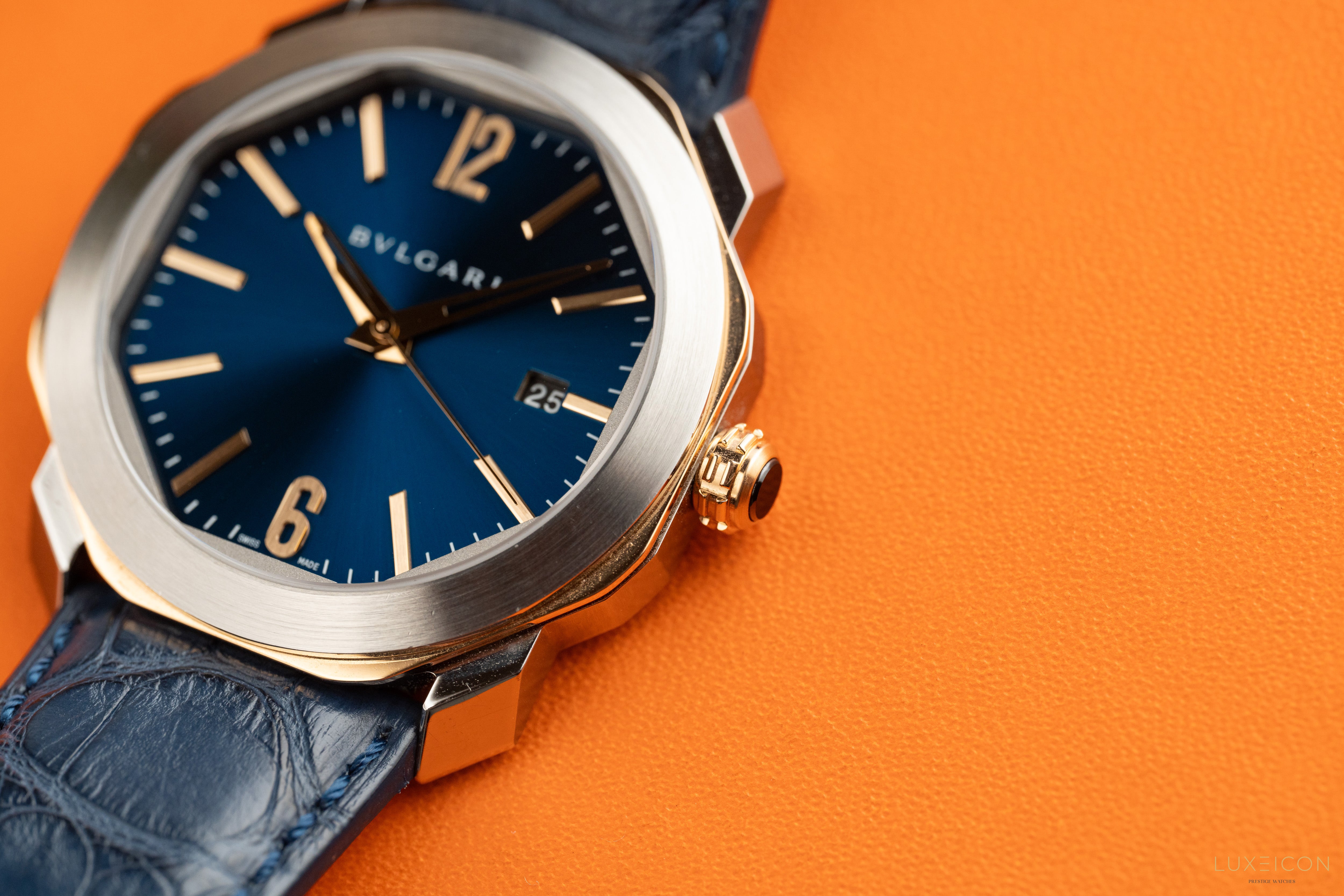 Bulgari Octo Octoma Stainless Steel and Rose Gold Combination Blue Bar Octagon