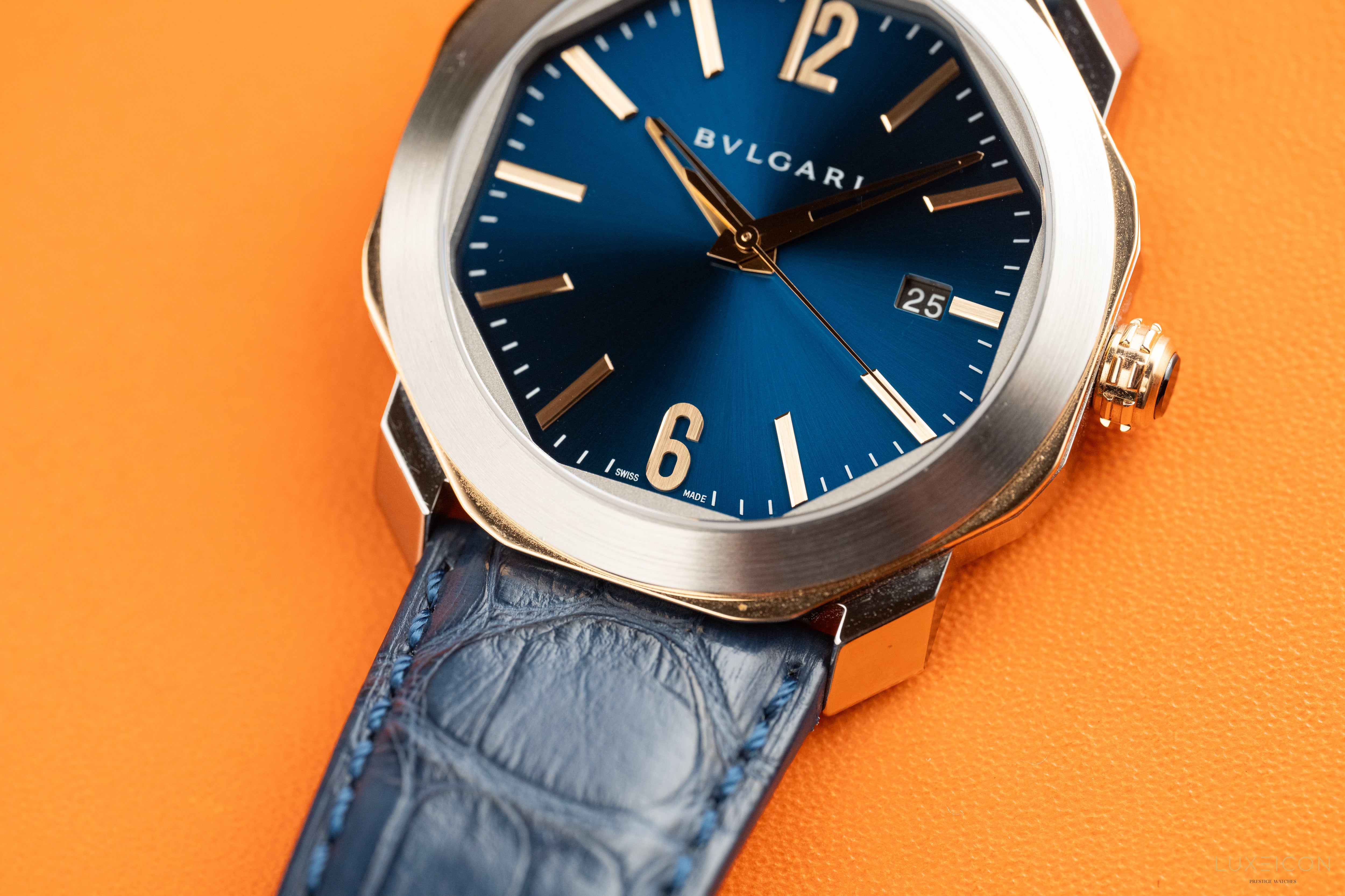 Bulgari Octo Octoma Stainless Steel and Rose Gold Combination Blue Bar Octagon
