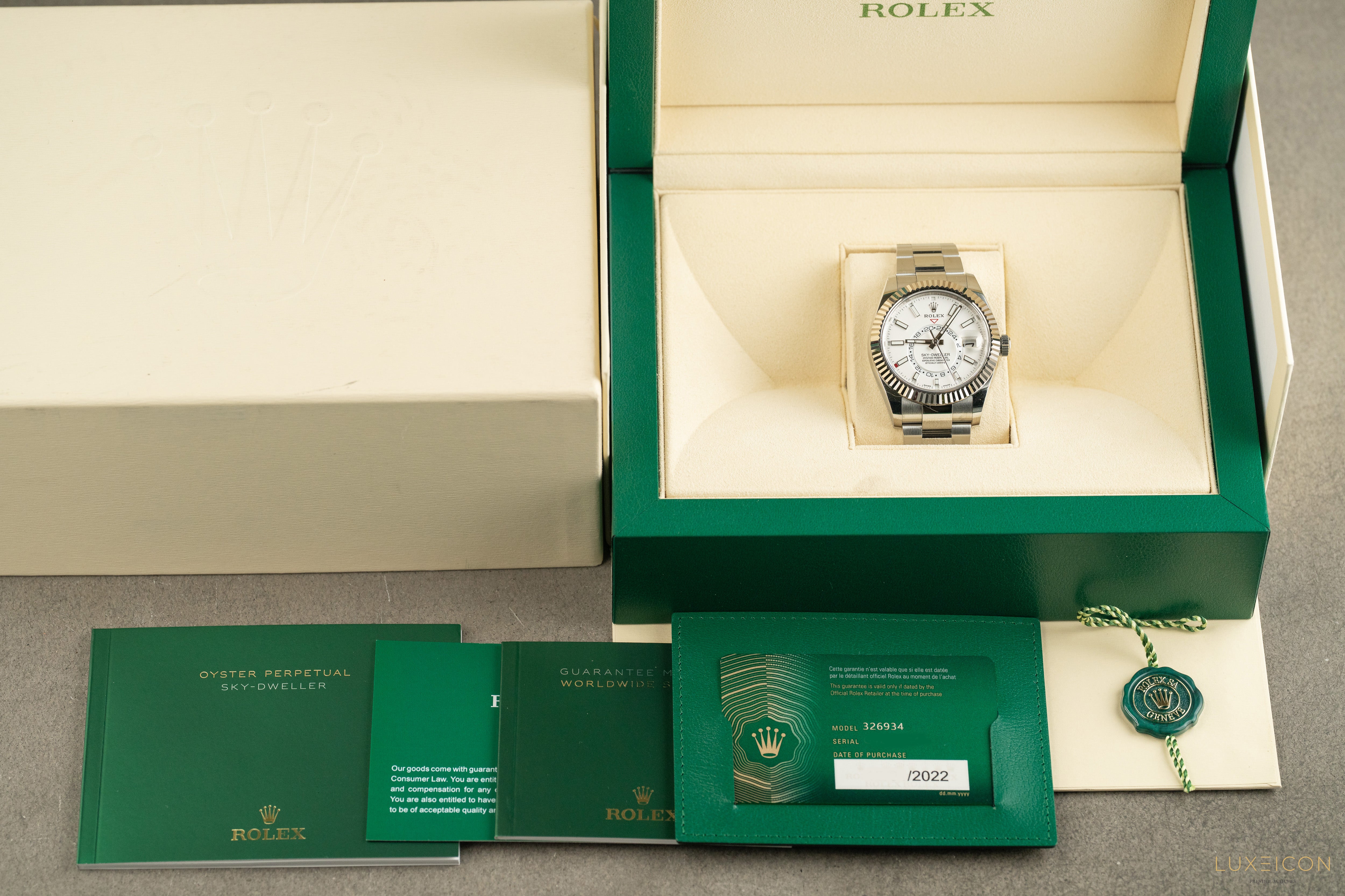 Rolex Sky-Dweller Stainless Steel White Dial Oyster 326934 White Gold Fluted Bezel 2022
