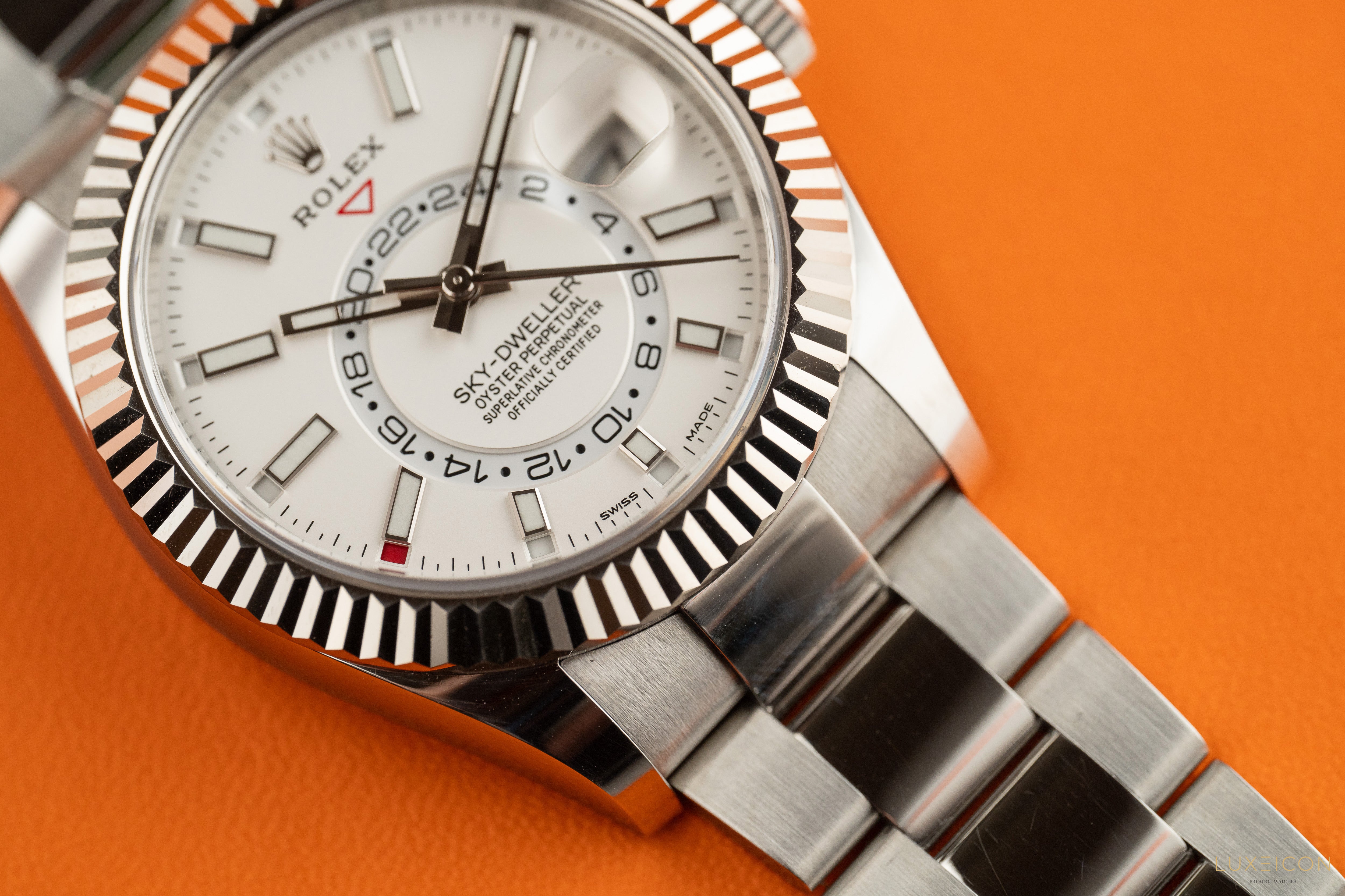 Rolex Sky-Dweller Stainless Steel White Dial Oyster 326934 White Gold Fluted Bezel 2022
