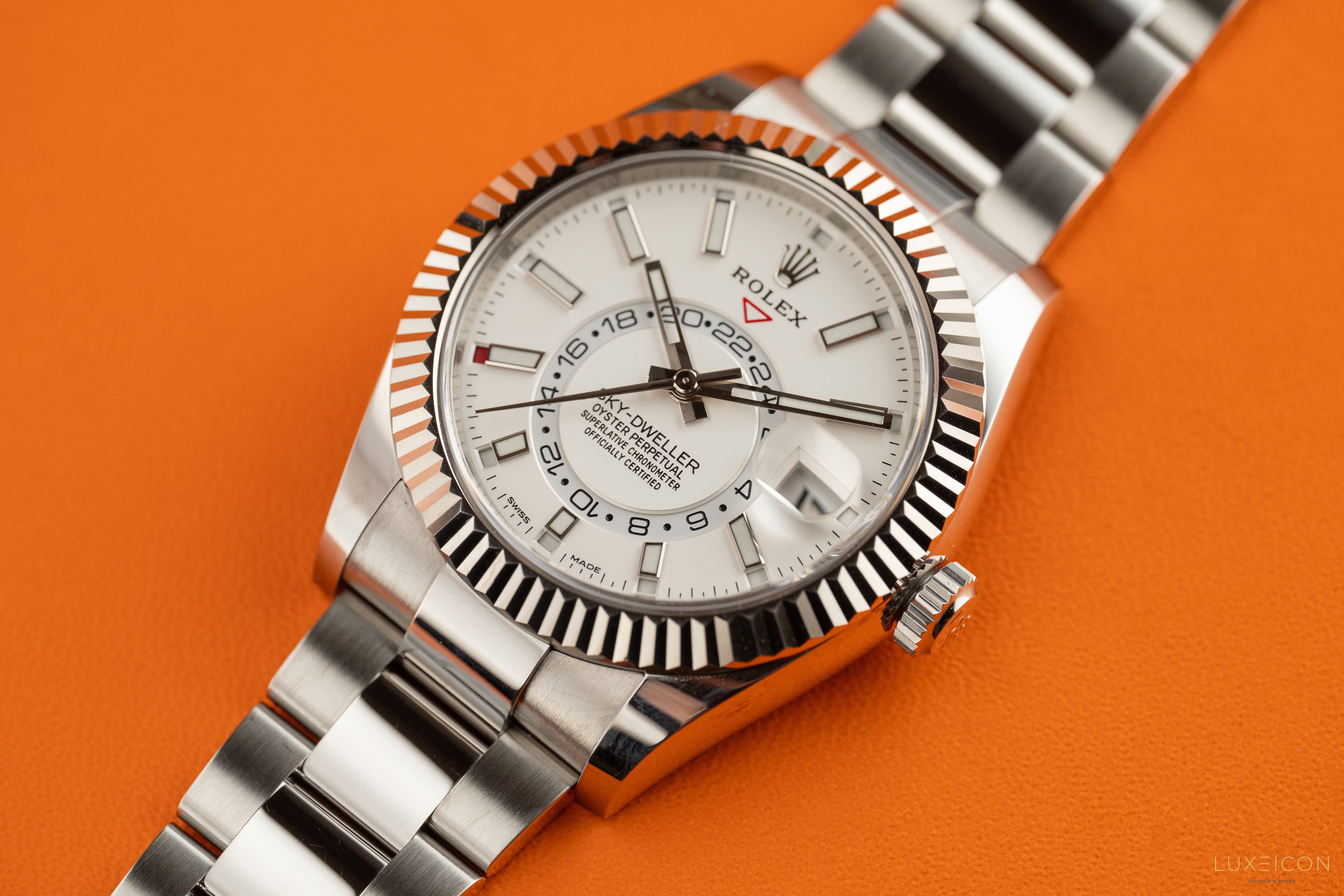 Rolex Sky-Dweller Stainless Steel White Dial Oyster 326934 White Gold Fluted Bezel 2022