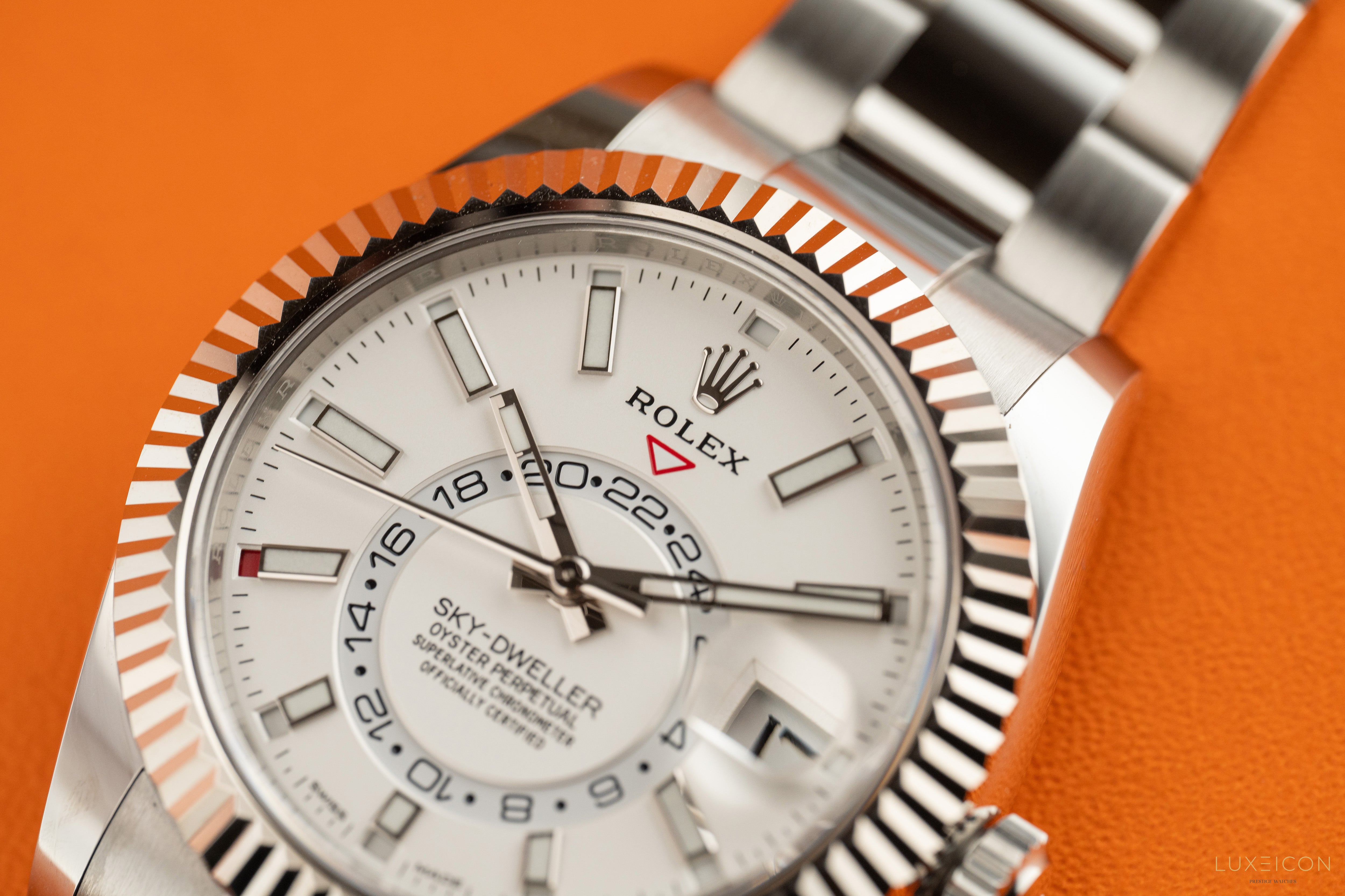 Rolex Sky-Dweller Stainless Steel White Dial Oyster 326934 White Gold Fluted Bezel 2022