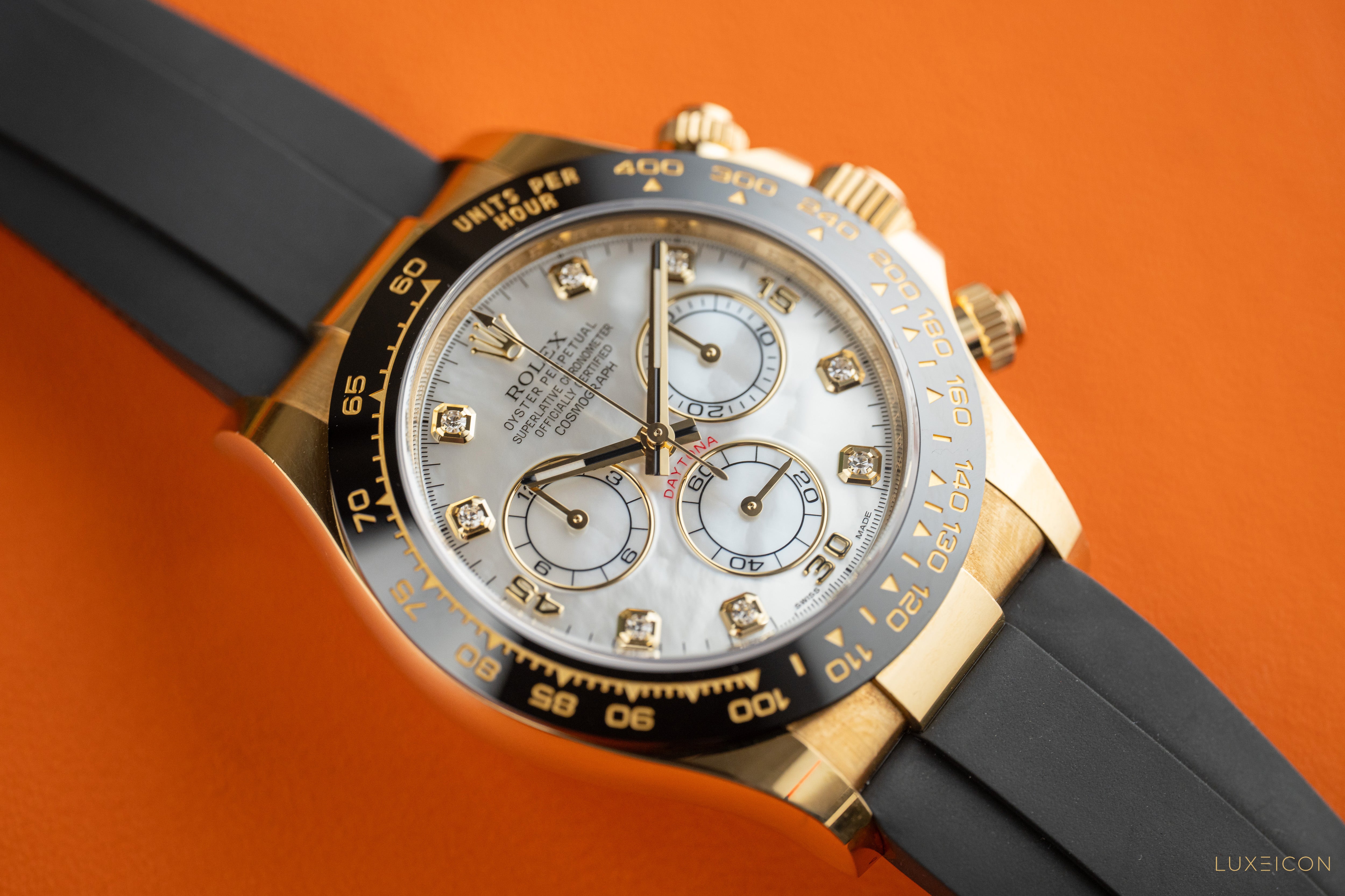 Rolex Daytona 116518LN MOP Diamond dial Yellow Gold Oysterflex Discontinued Dial