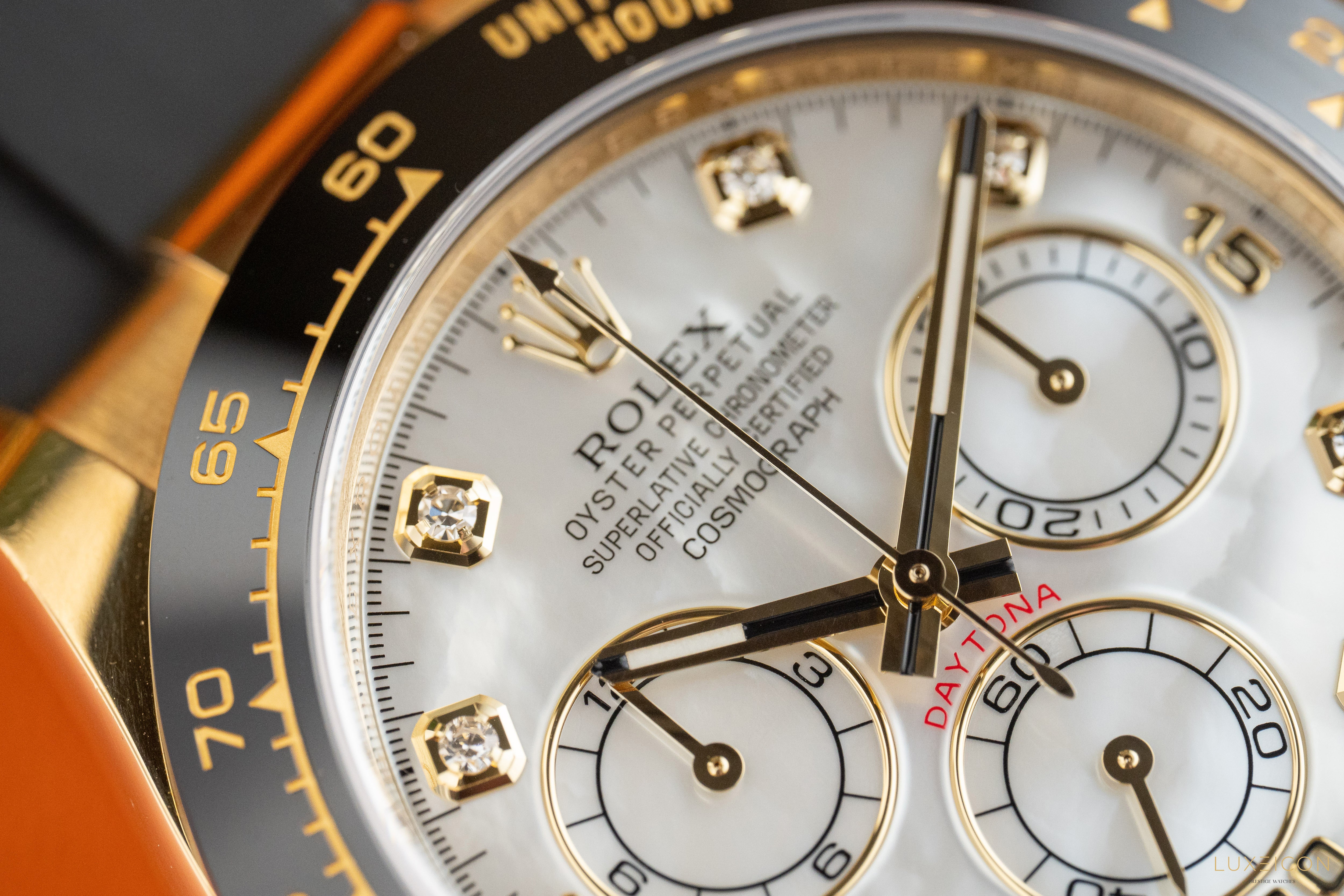 Rolex Daytona 116518LN MOP Diamond dial Yellow Gold Oysterflex Discontinued Dial
