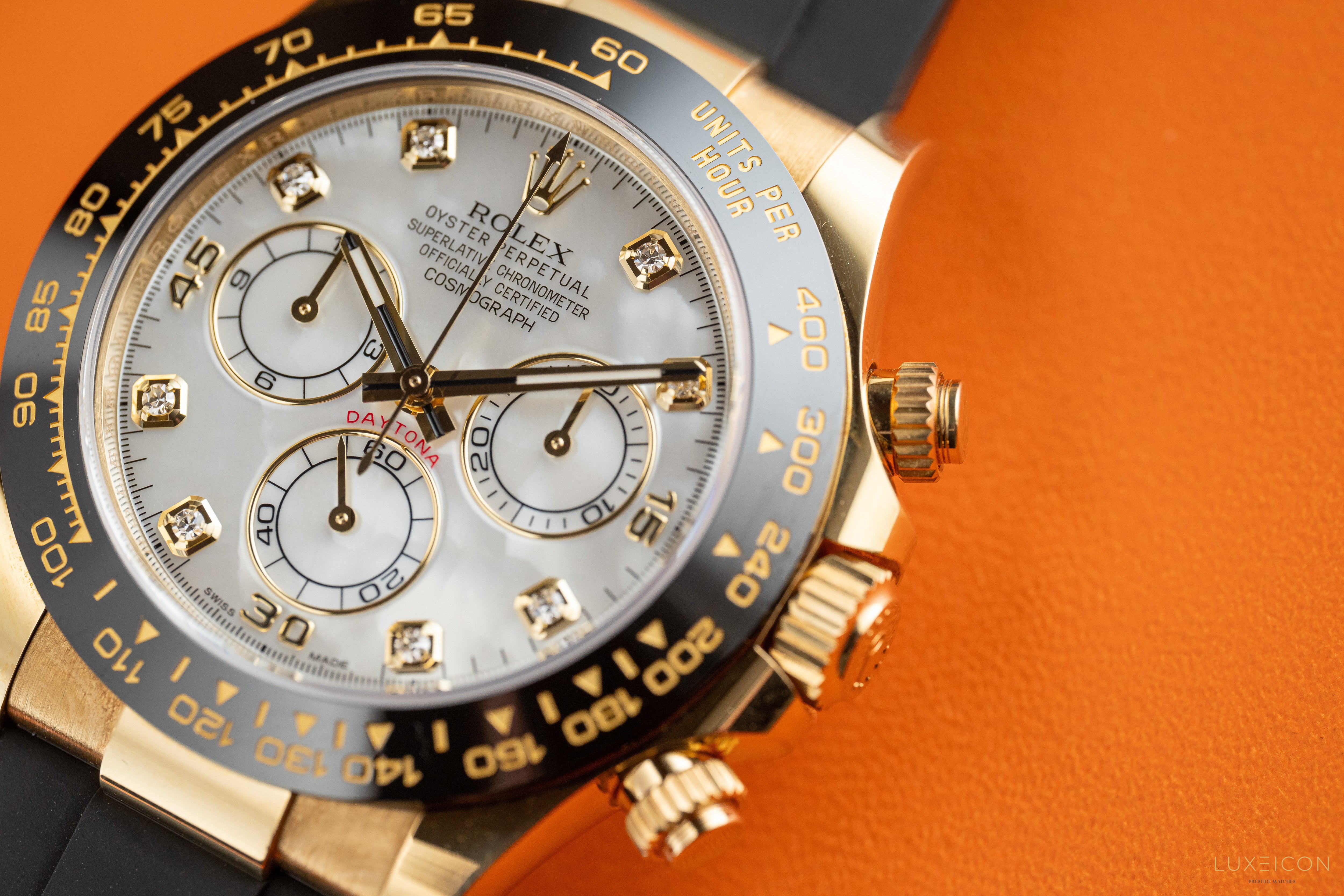 Rolex Daytona 116518LN MOP Diamond dial Yellow Gold Oysterflex Discontinued Dial