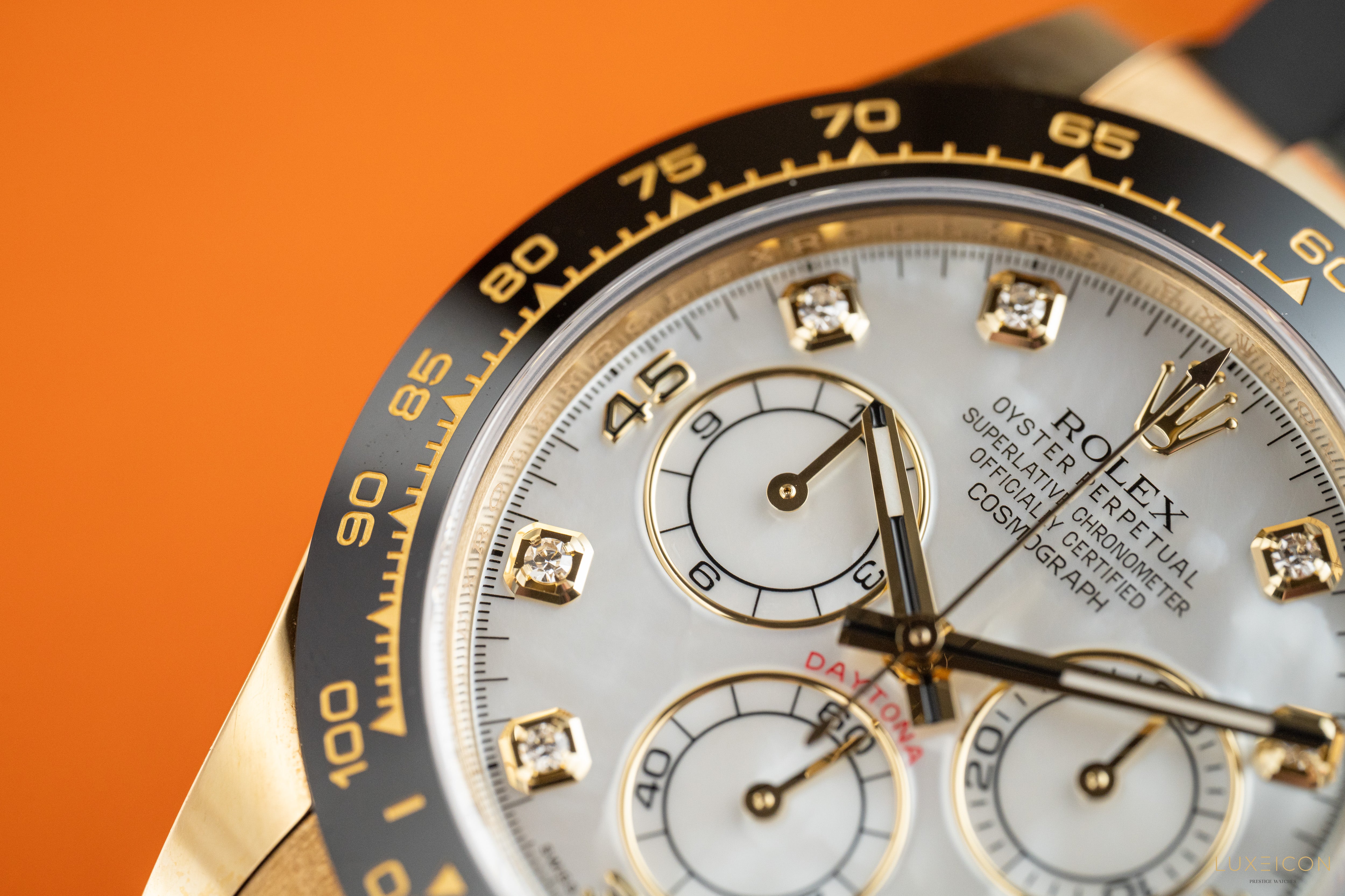 Rolex Daytona 116518LN MOP Diamond dial Yellow Gold Oysterflex Discontinued Dial