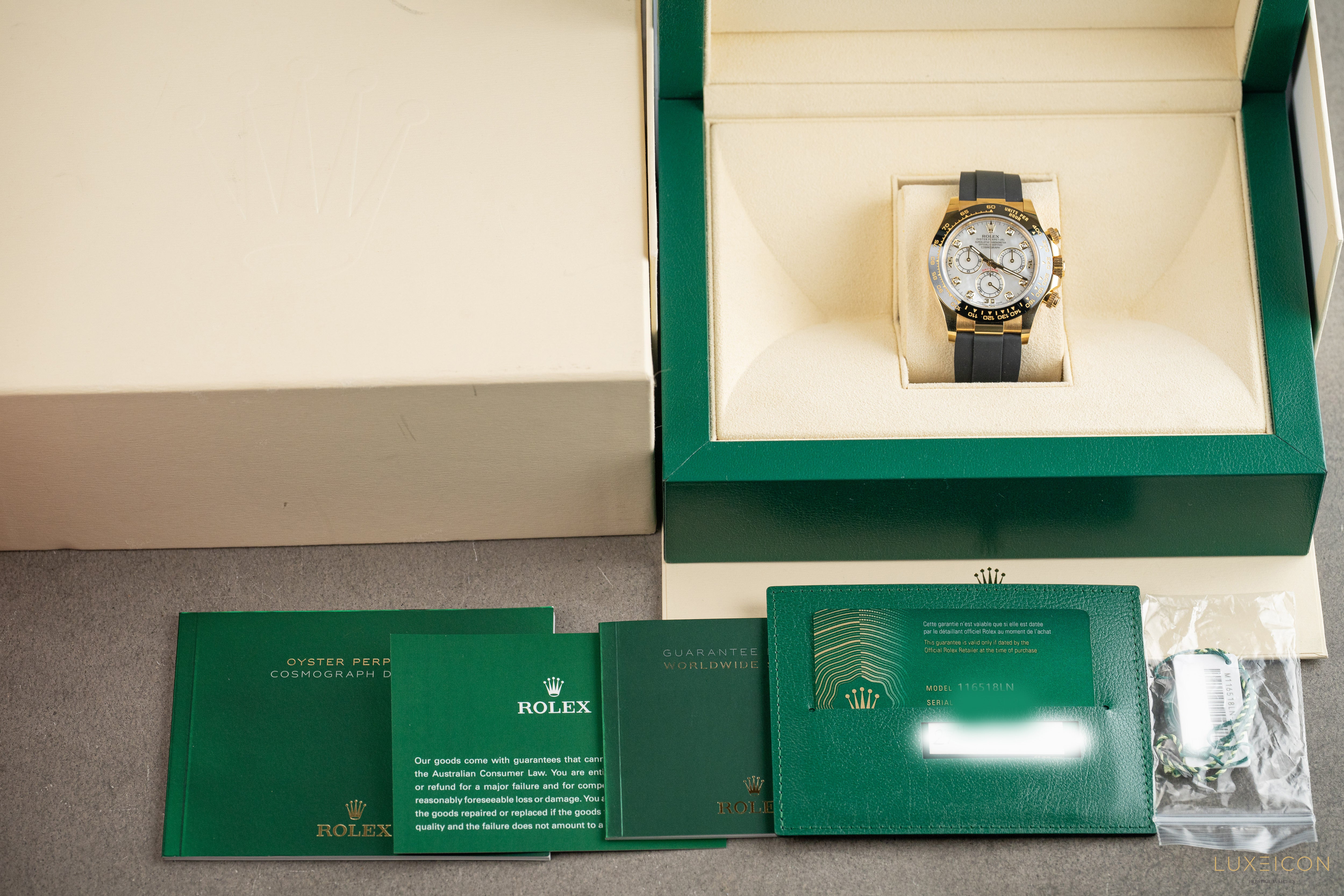Rolex Daytona 116518LN MOP Diamond dial Yellow Gold Oysterflex Discontinued Dial
