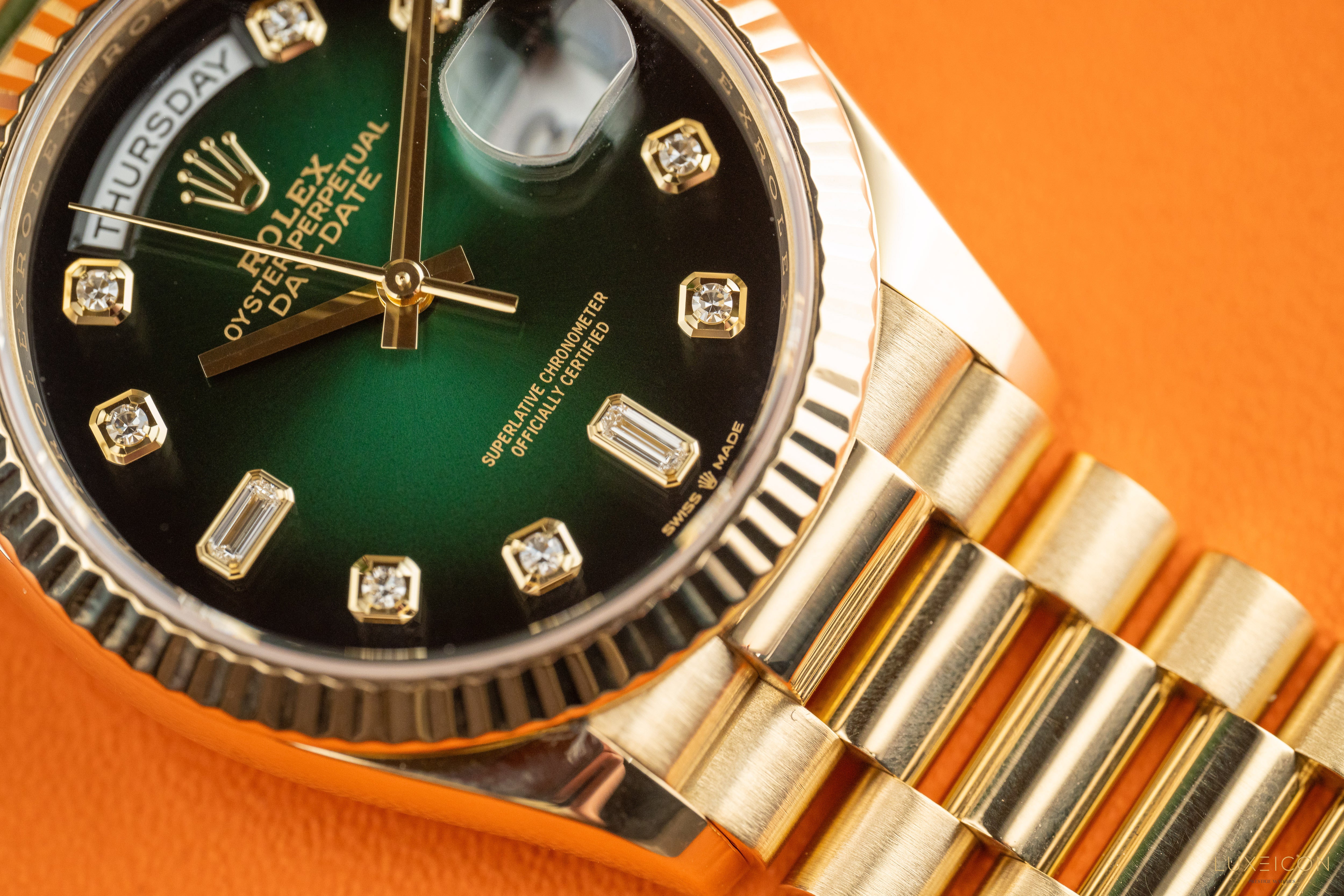 Rolex Day-Date 36 Yellow Gold 128238 Green Ombré Diamond Dial 2021