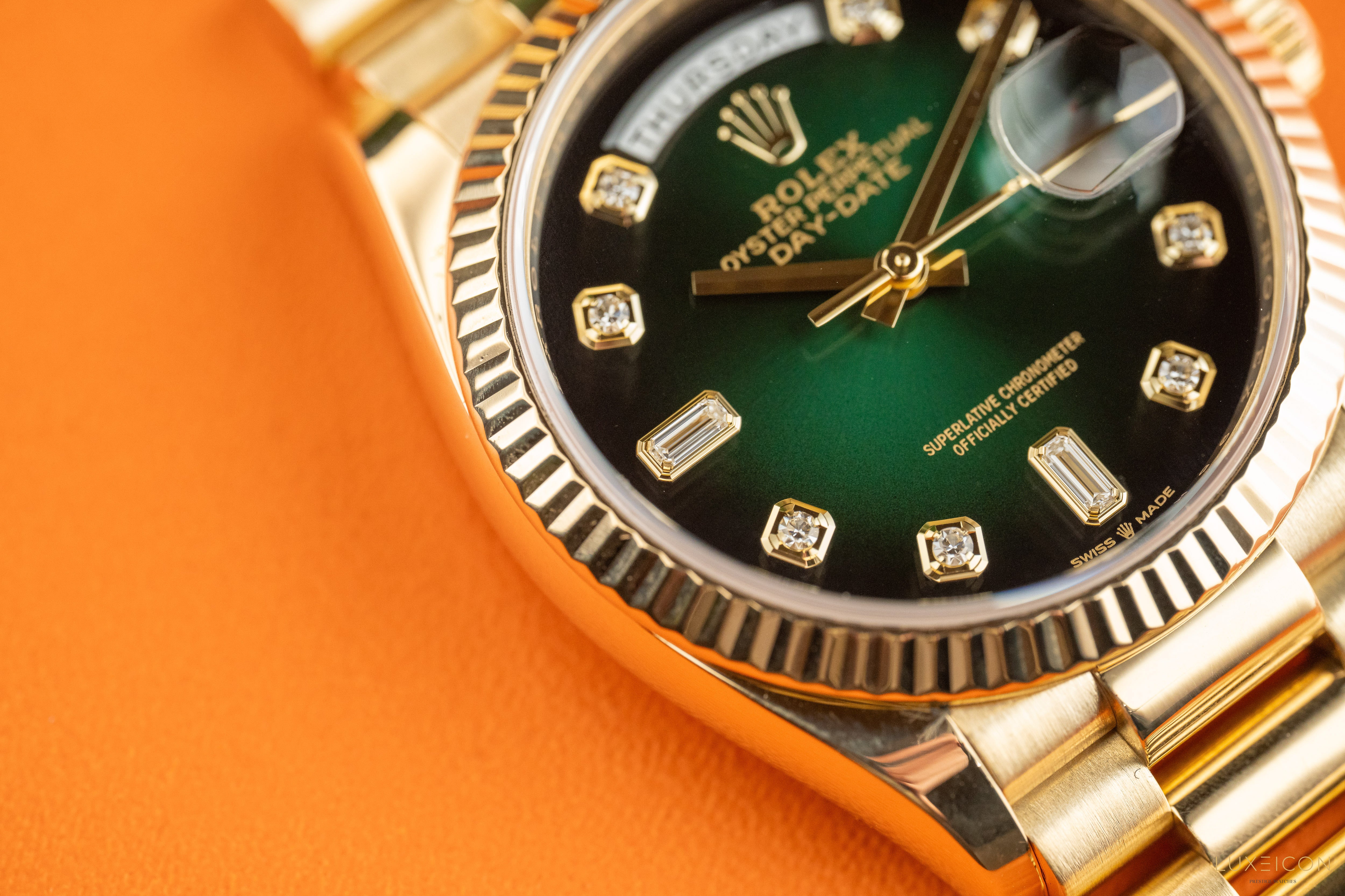 Rolex Day-Date 36 Yellow Gold 128238 Green Ombré Diamond Dial 2021