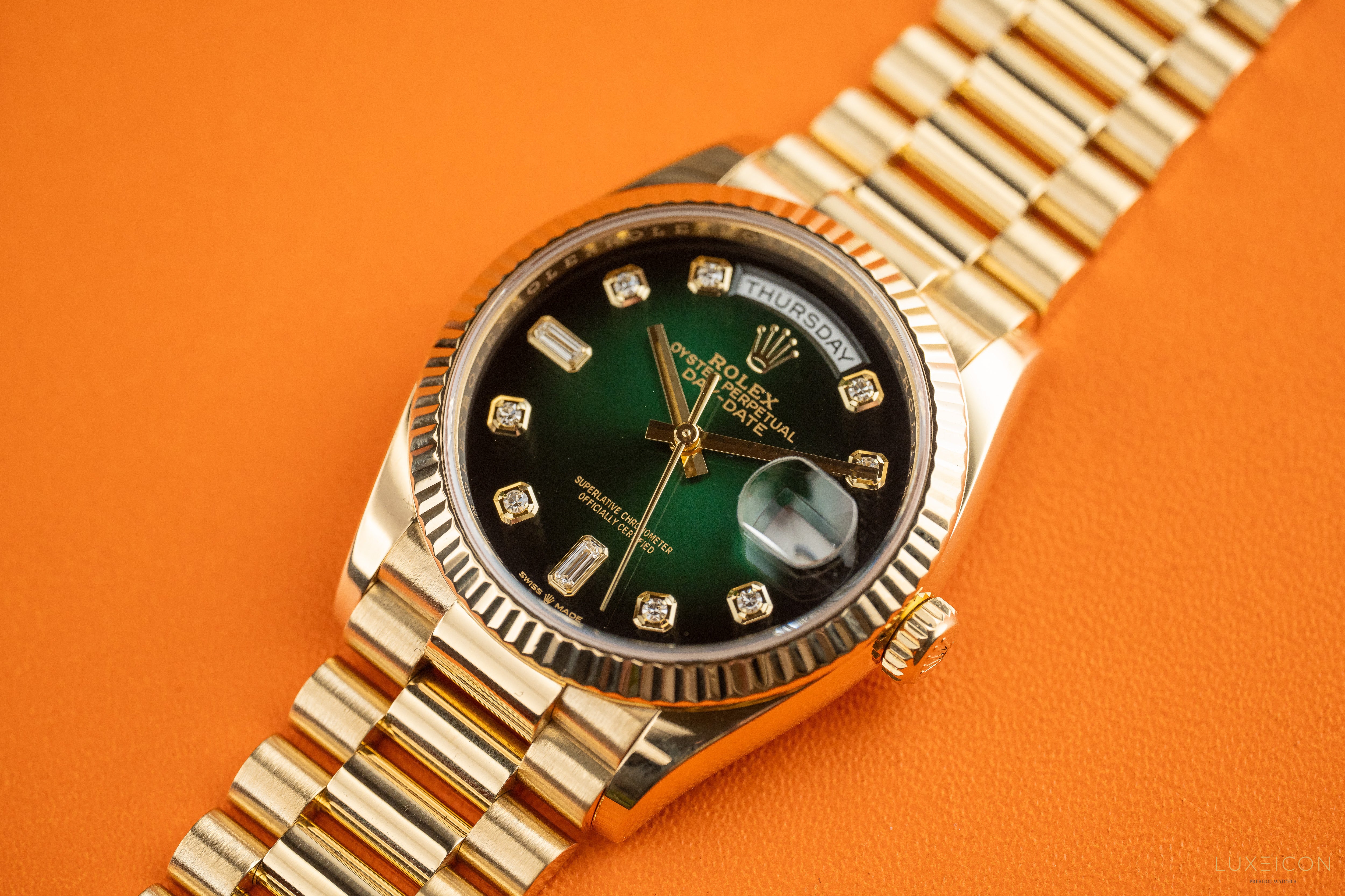 Rolex Day-Date 36 Yellow Gold 128238 Green Ombré Diamond Dial 2021