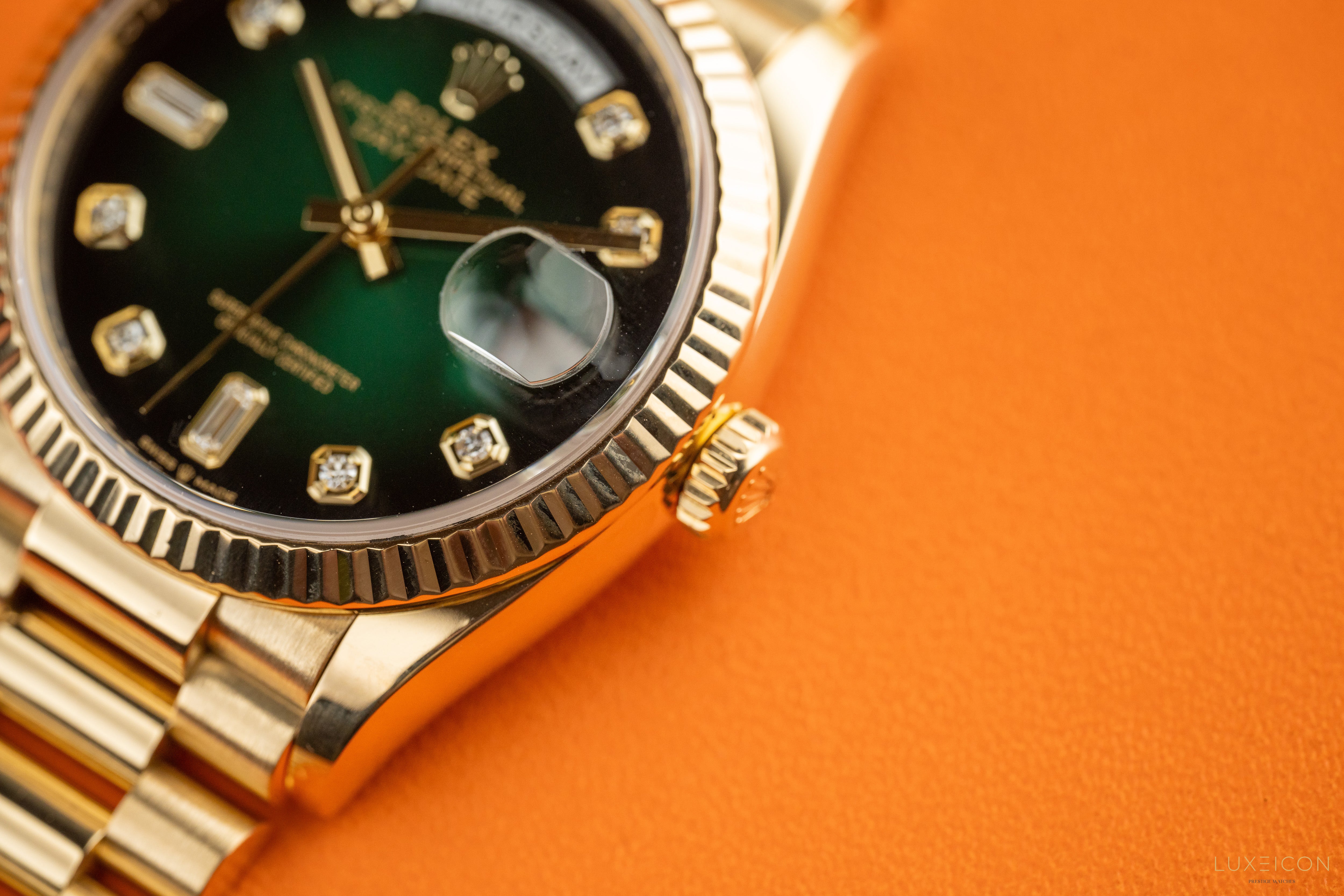 Rolex Day-Date 36 Yellow Gold 128238 Green Ombré Diamond Dial 2021