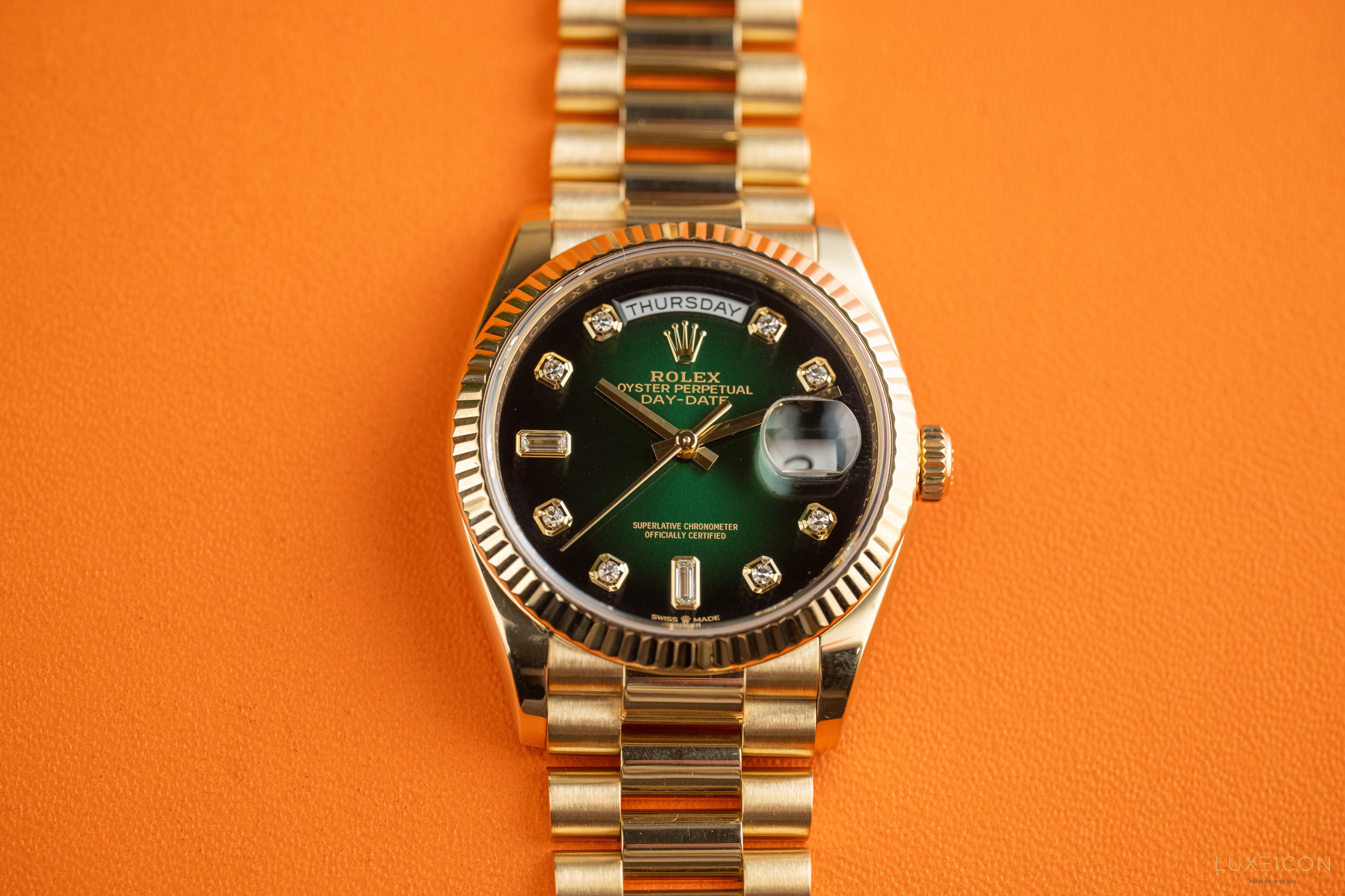 Rolex Day-Date 36 Yellow Gold 128238 Green Ombré Diamond Dial 2021