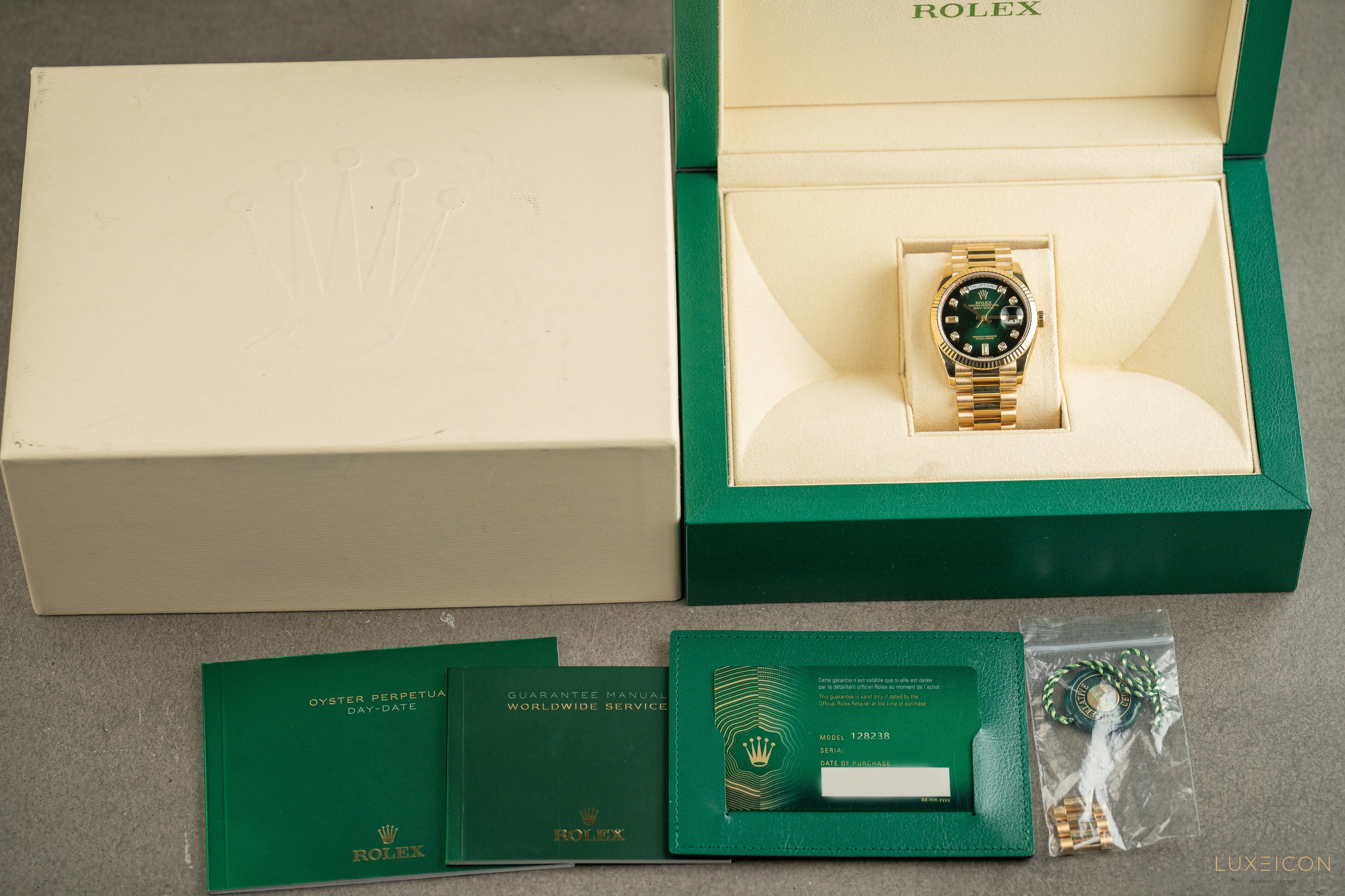 Rolex Day-Date 36 Yellow Gold 128238 Green Ombré Diamond Dial 2021
