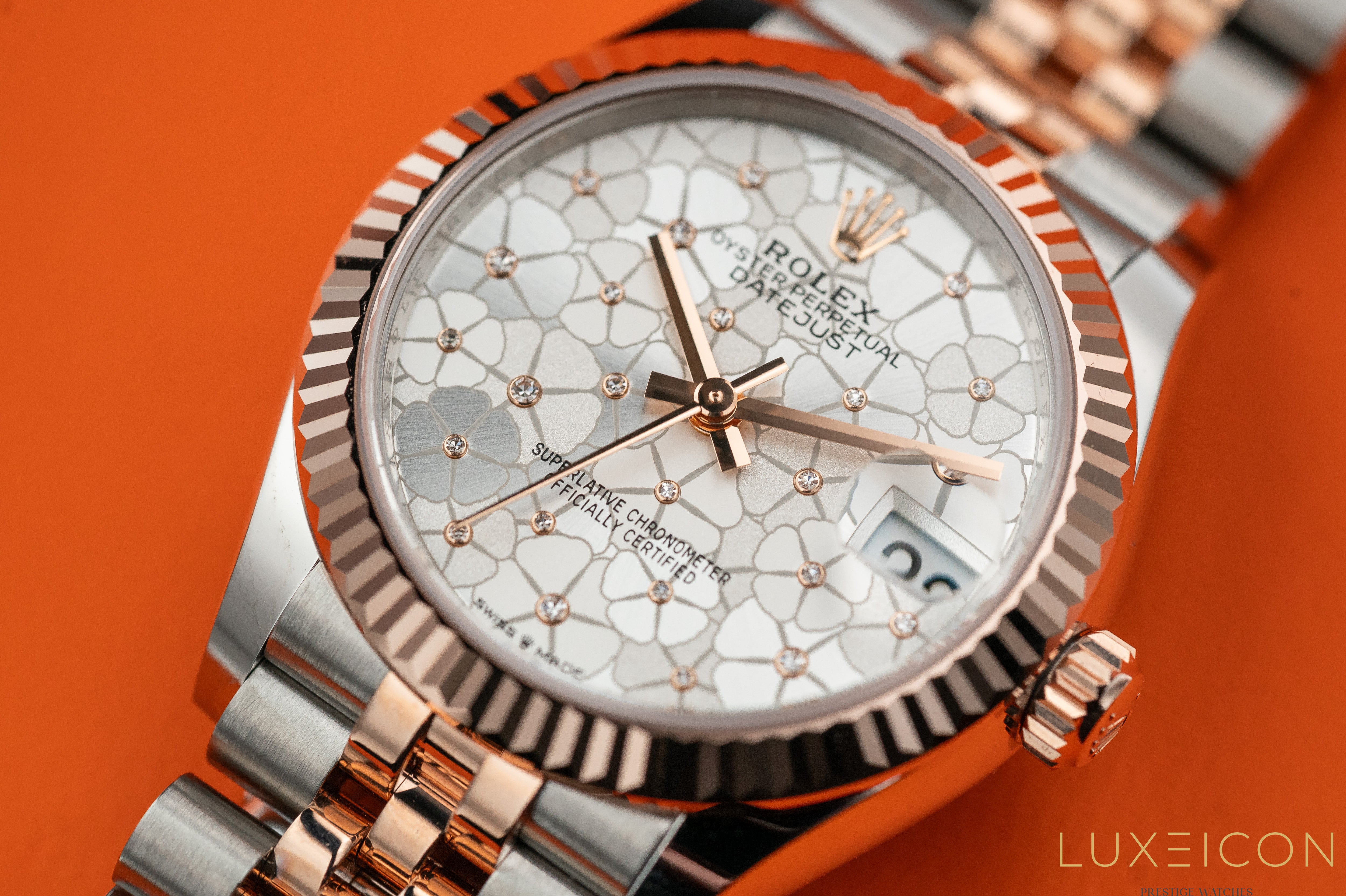 Rolex Datejust 31mm 278271 Jubilee Steel & 18K Rose Gold Silver Floral Motif Diamond Dial