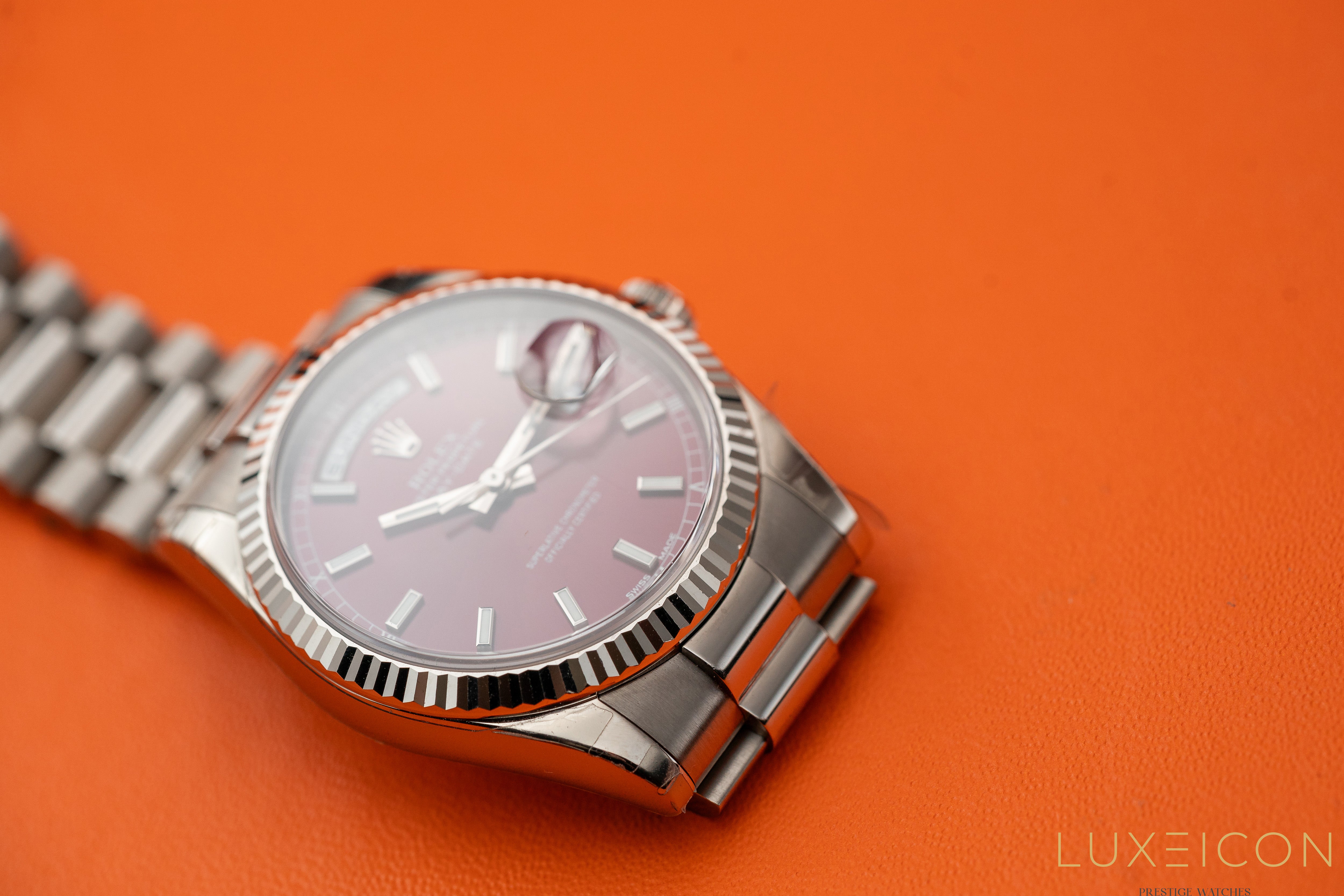 Rolex Day-Date 36 White Gold Cherry Index Dial Fluted Bezel President Bracelet 118239