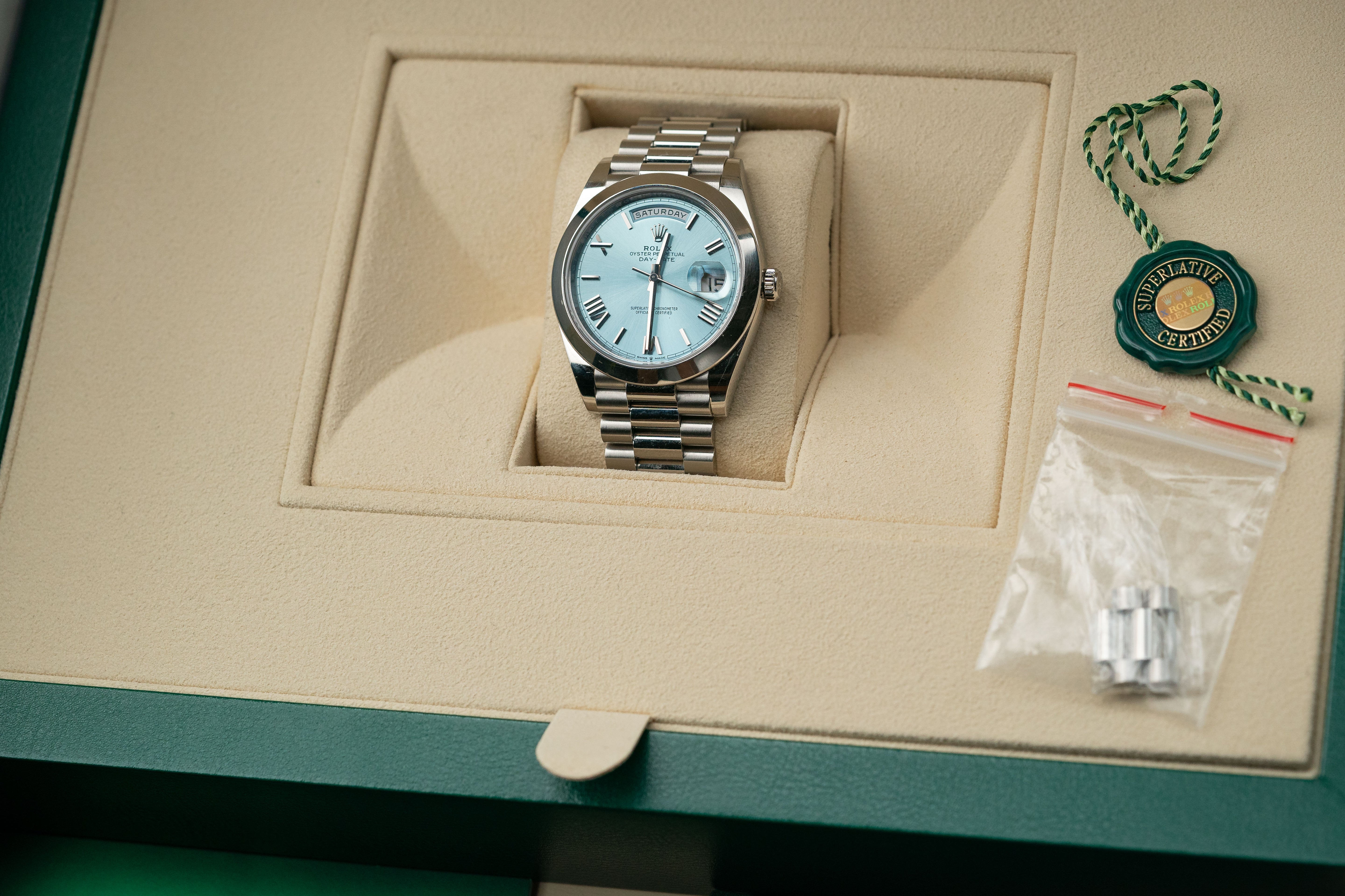 Rolex Day-Date 40 228206 Platinum President Ice Blue Silver Roman Dial