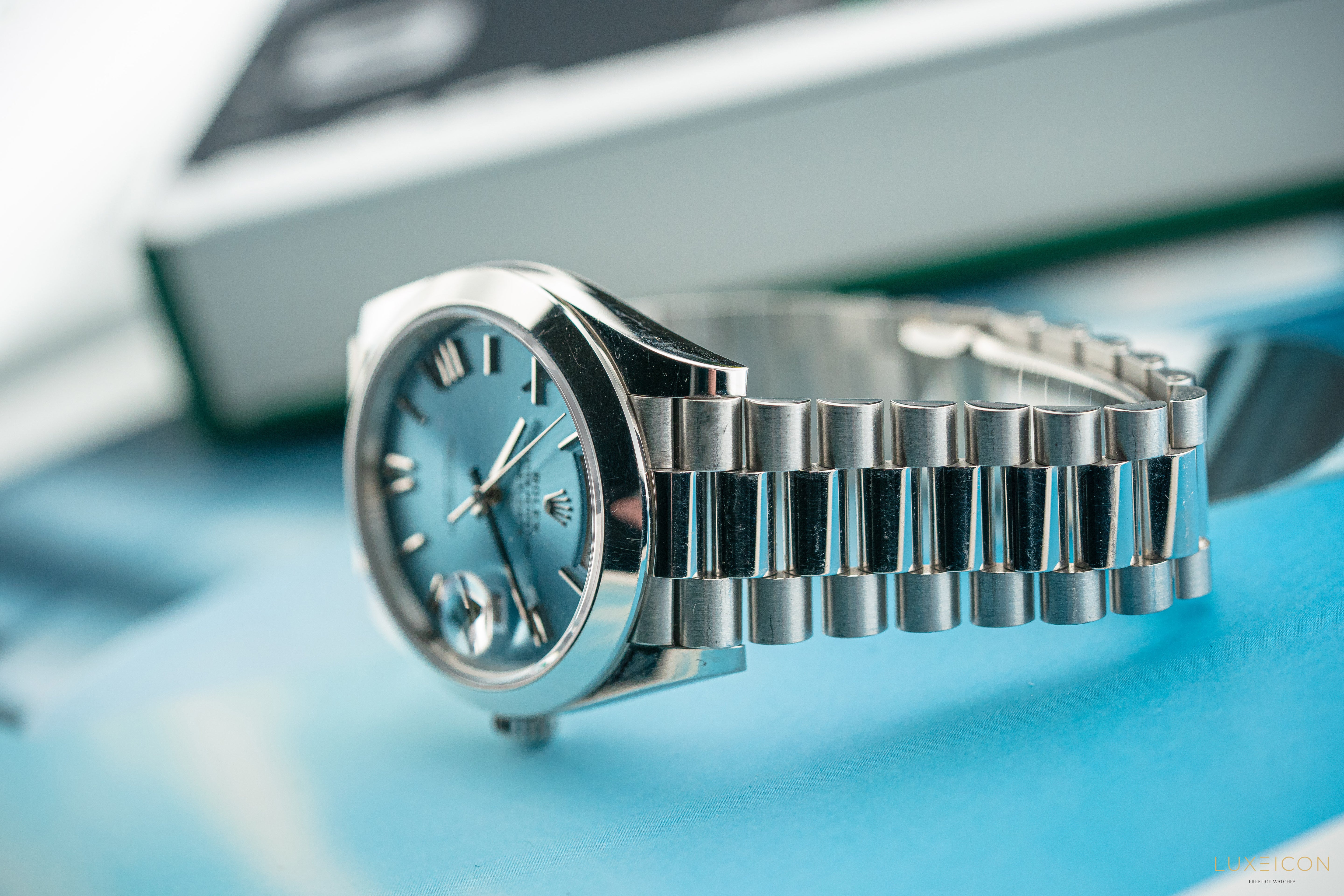 Rolex Day-Date 40 228206 Platinum President Ice Blue Silver Roman Dial